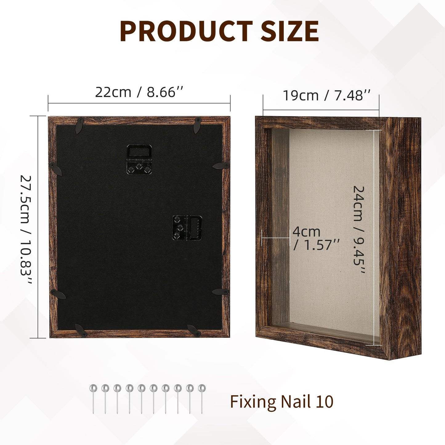8x10 Shadow Box Frame with Linen Back - Real Glass, Push Pins Included, Sturdy Rustic Memory Display Case, Fits 6.8x8.8 Inserts