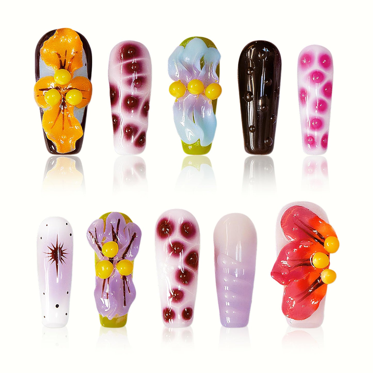 Vanpaga Flower Press on Nails Handmade Medium Long Square Muti-Layer Gel Fake Nails Gradient Floral 3D Waterdrop Pattern Design Multicolor Thick False Nails Acrylic Nails for Women