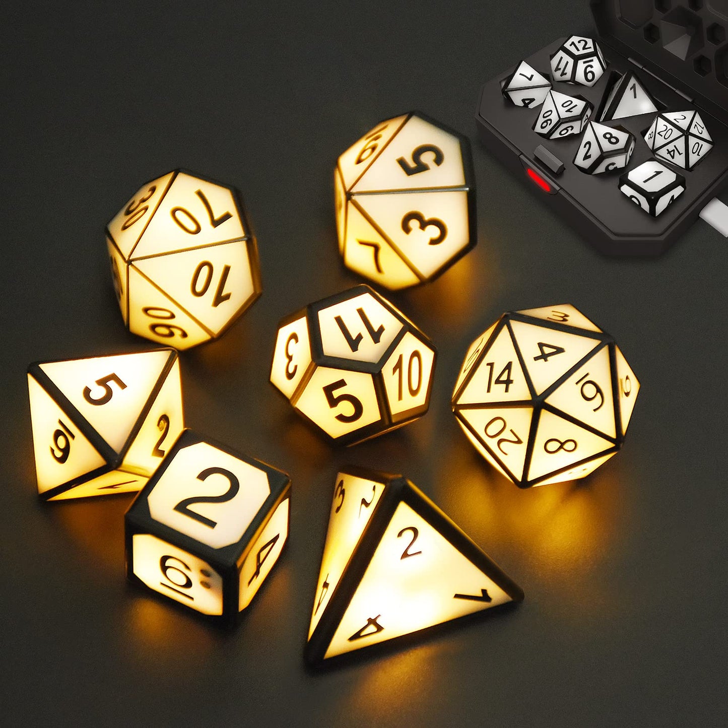 HTPOW Light Up DND Dice Set of 7 USB Rechargeable Role Playing Dice with Charging Box, Valentine's Day Gift Shake to Light up LED Dice for Dungeons and Dragons Role Playing Tabletop Games