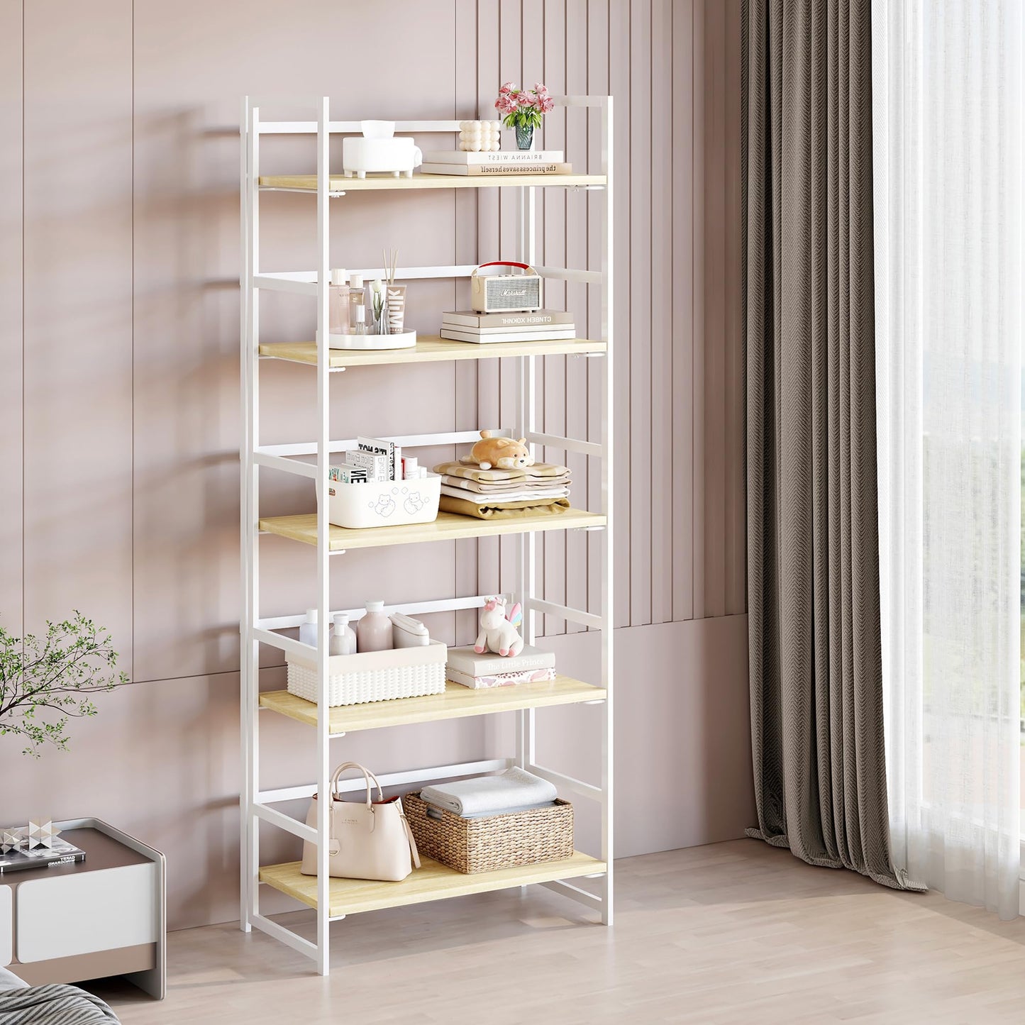 BHG Vintage Multifunctional Folding Bookshelf, No-Assembly Plant Stand Storage Rack Shelves for Home Office (White, 5-Tier)