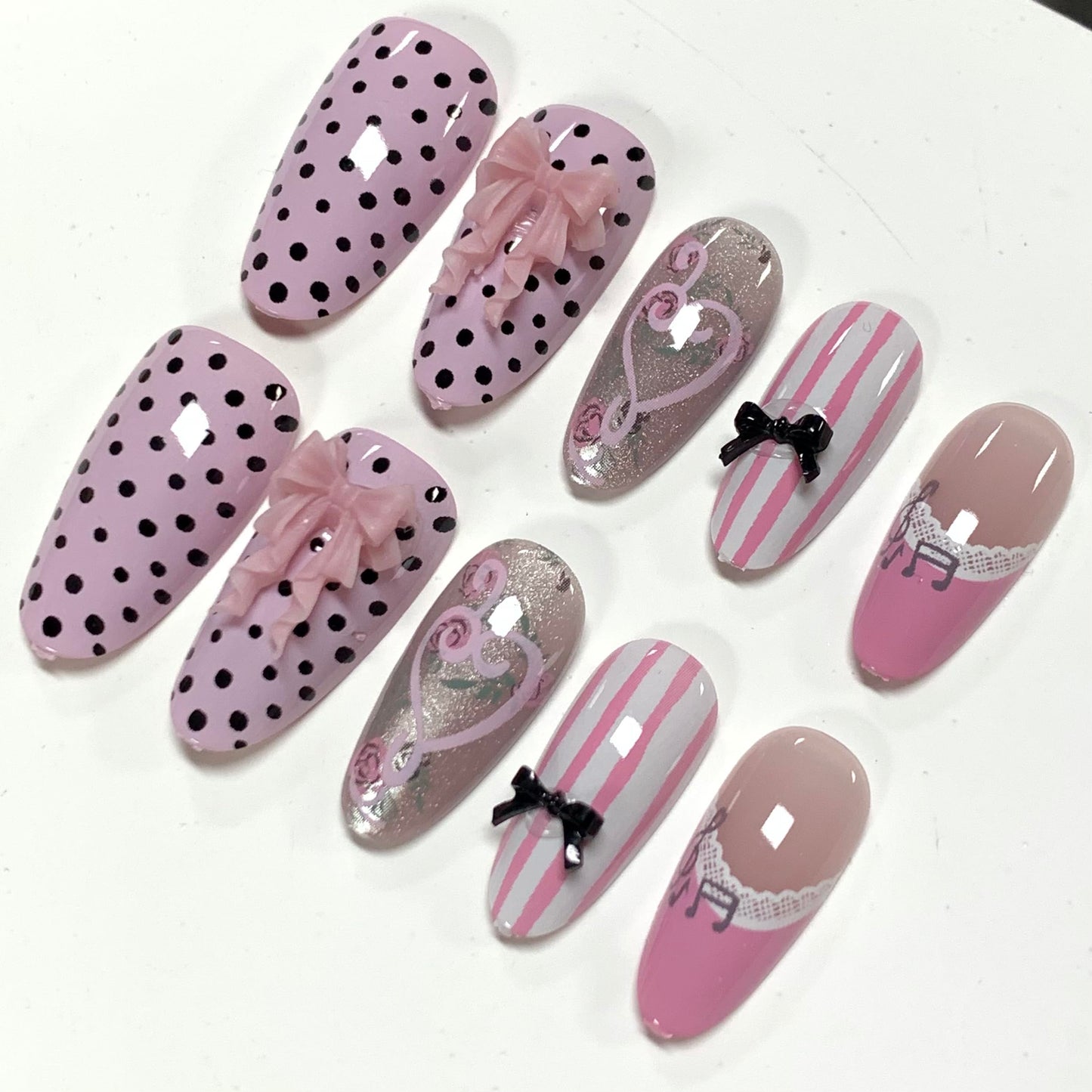 BABALAL Press On Nails, Medium Almond Fake Nails, Pink French Tip, Cat Eye Bling, Polka Dot & Bow Charm, Flower Kawaii Glue On Nails 24Pcs Reusable
