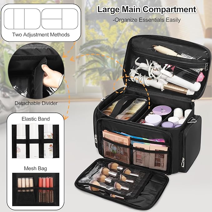 TANTO Travel Makeup Bag, Portable Large Makeup Organizer Bag Makeup Artist Bags Big Cosmetic Travel Bag with 2 Pouches & Detachable Dividers, Toiletry Bag for Cosmetic and Toiletries, Hair Supplies