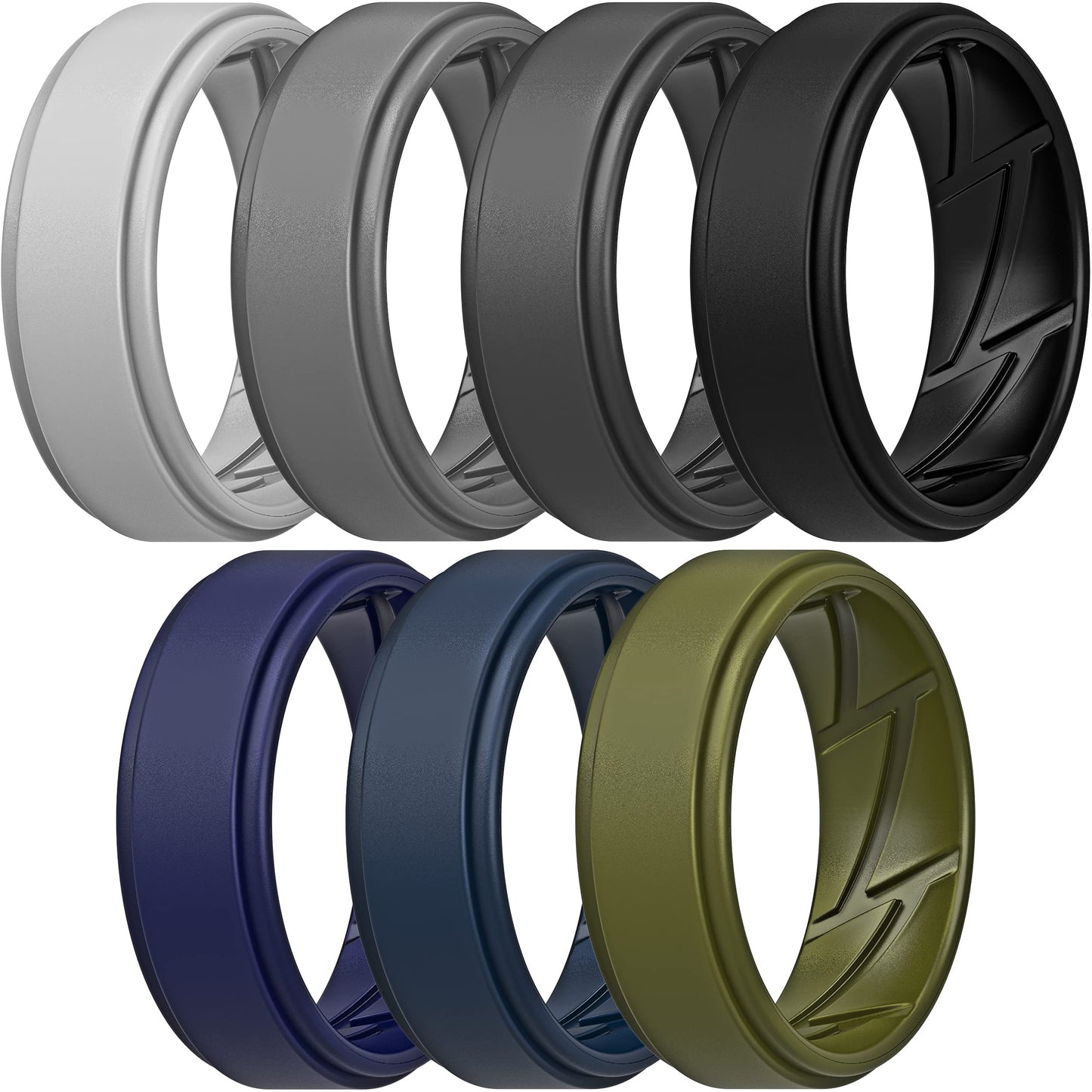 ThunderFit Silicone Wedding Rings for Men Breathable Airflow Inner Grooves, Step Edge Sleek Design Rubber Engagement Bands 8mm Wide 2mm Thick, Variety Multipack 1-7