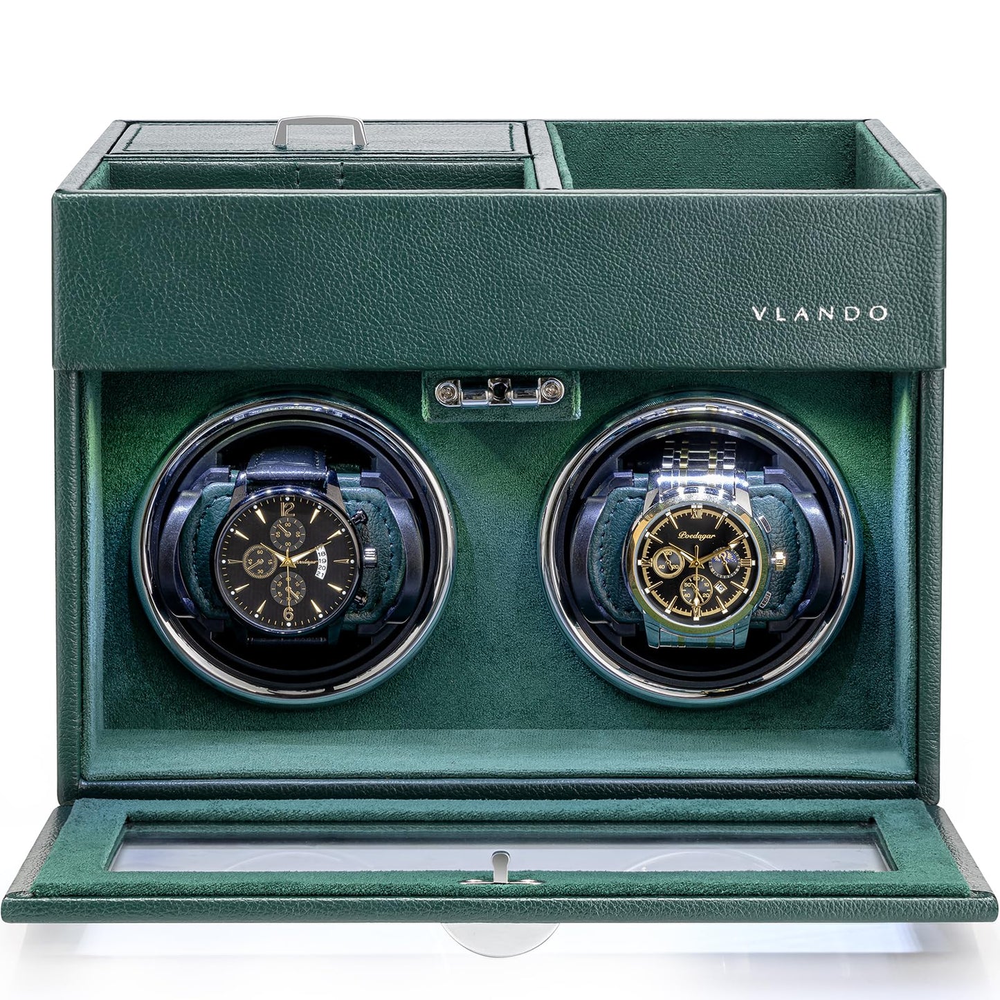 Vlando Automatic Double Watch Winder - Watch Winder Box with Men Jewelry Organizer Tray, Japanese Quiet Motor, LED Light, Adjustable Watch Pillows - Green