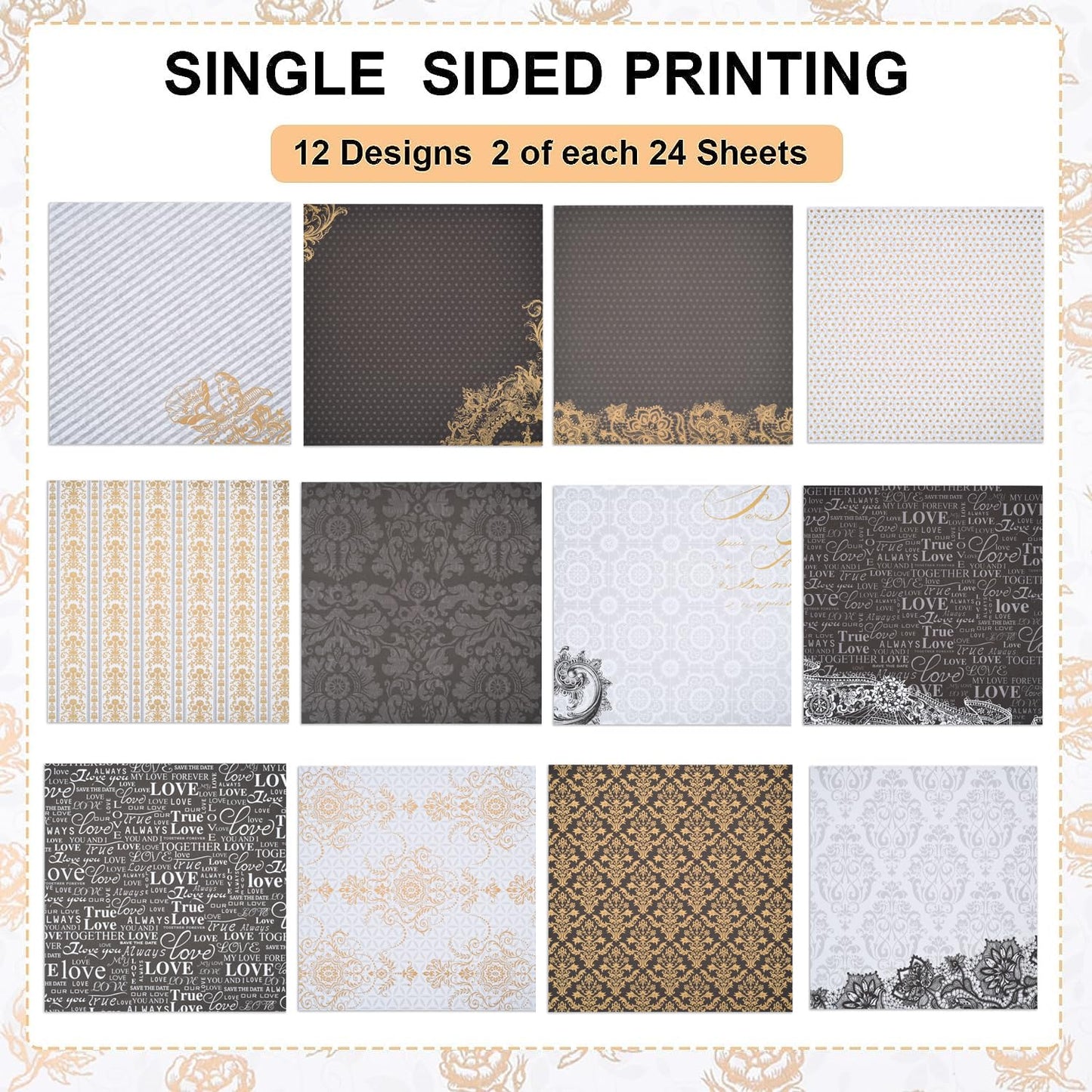 12x12 Vintage Scrapbook Paper Pad - 27 Sheets Gold Foil Black Origami Decoupage Patterned Kit Supplies for Art Journaling Wrapping Card Making Crafting Gift Photo Album
