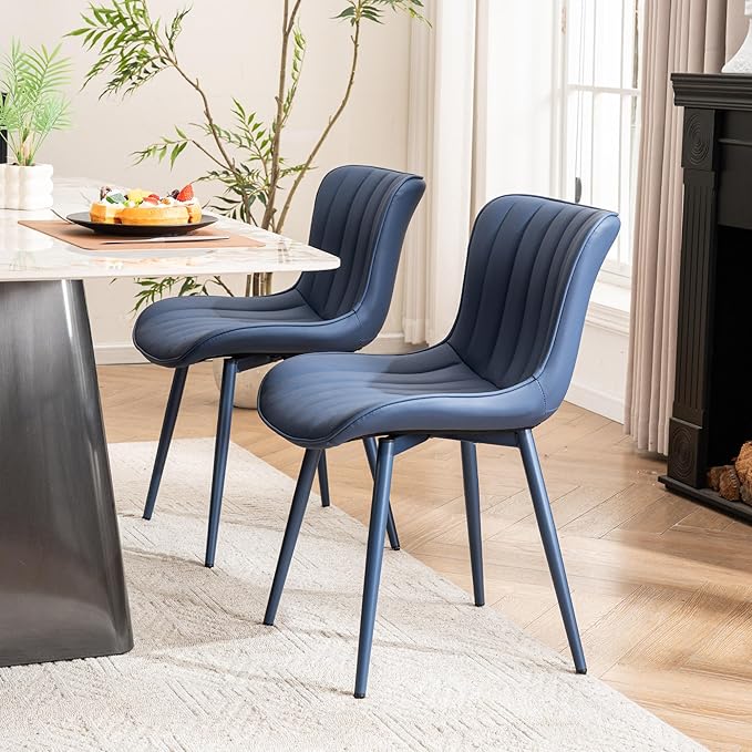 YOUNUOKE Mid-Century Modern Dining Chairs Set of 2, Navy Blue PU Leather Upholstered Kitchen Chairs with Navy Blue Metal Legs, Armless Accent Chair for Dining Room, Guest Reception Room