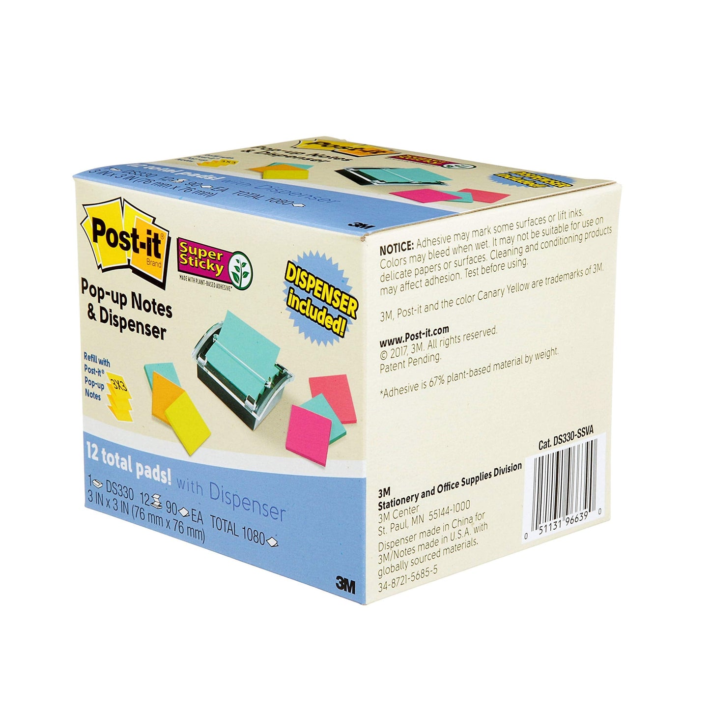 Post-it Sheet Super Sticky Note and Dispenser Value Pack, 3 in x 3 in, 12 Pads, Assorted Colors (DS330-SSVA)