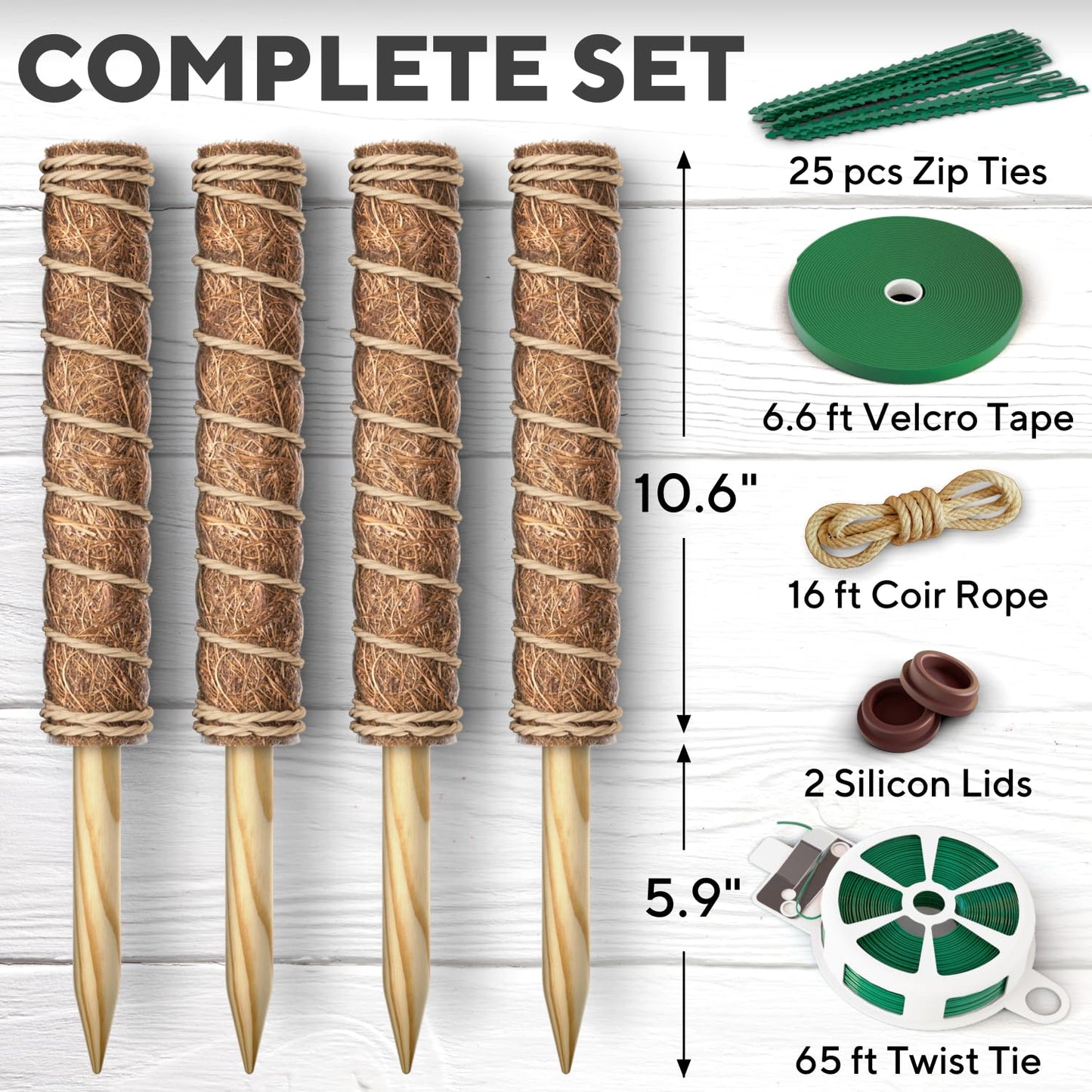 Premium Moss Pole for Plants 4-Pack - 48 Inch Sturdy Plant Support Stakes - 16.5" Extendable Poles for Monstera & Climbing Plants - 100% Natural Garden Sticks - Complete Kit w/Ties, Velcro & Rope