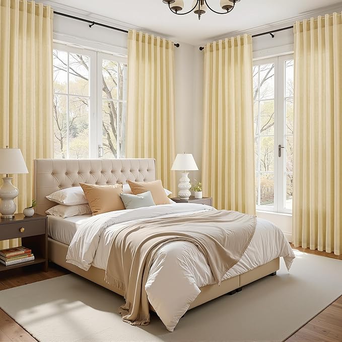 Nanspring Cream Yellow Linen Curtains 63 Inch Length for Living Room Light Filtering Modern Farmhouse Semi Sheer Curtains Back Tab and Rod Pocket Privacy Curtain for Bedroom Office 52x63, 2 Panels
