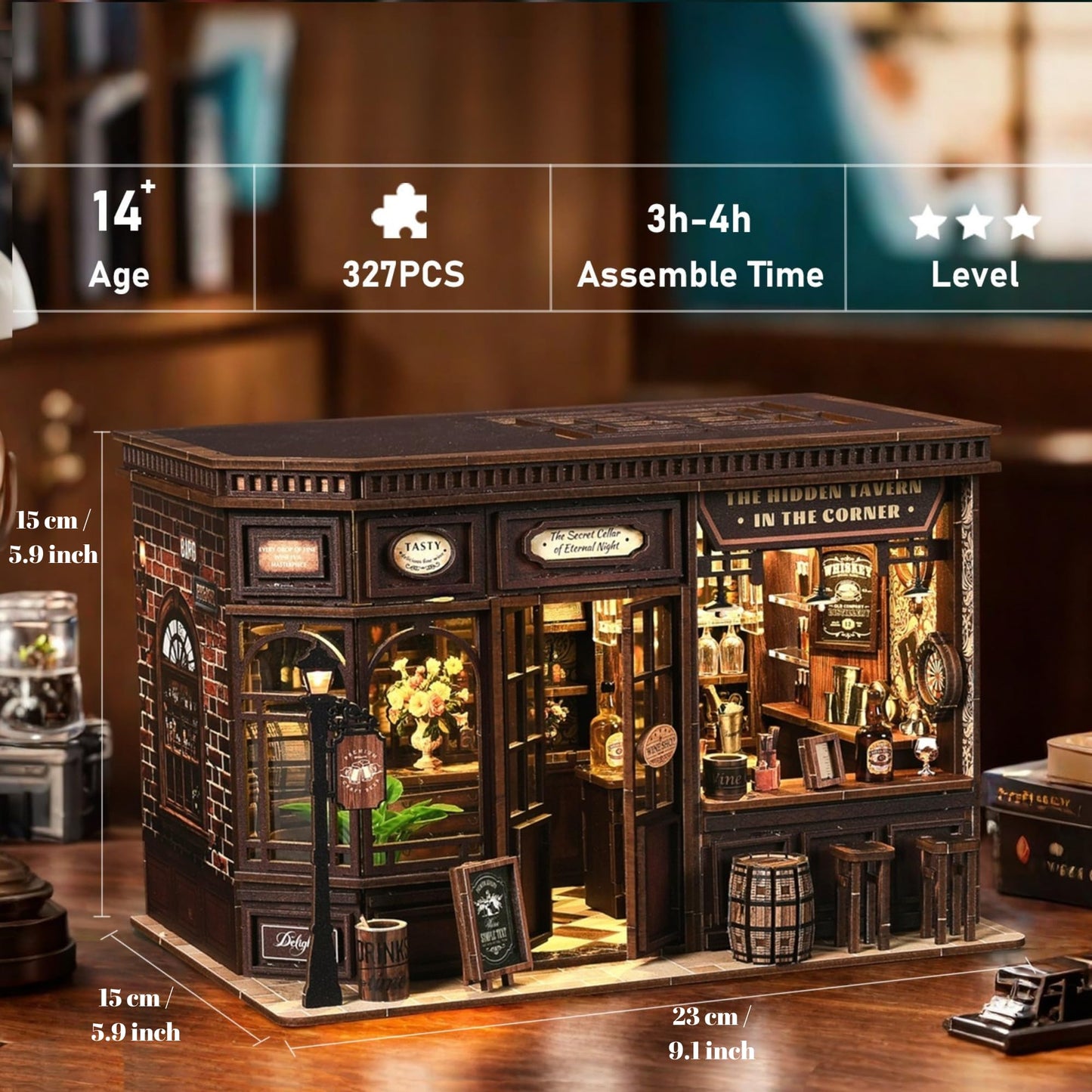 Soothee DIY Book Nook Kit with LED Lights | 3D Puzzles for Adults & Teens, Miniatures and Model Building Kits for Bookshelf Decor, Relaxing & Unique Gift for Craft Lovers | Corner Tavern