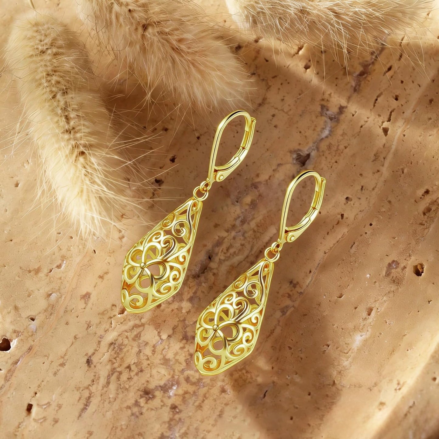 Rhombic 14K Gold Dangle Earrings for Women Hypoallergenic Filigree Leverback Drop Earrings Jewelry Gifts