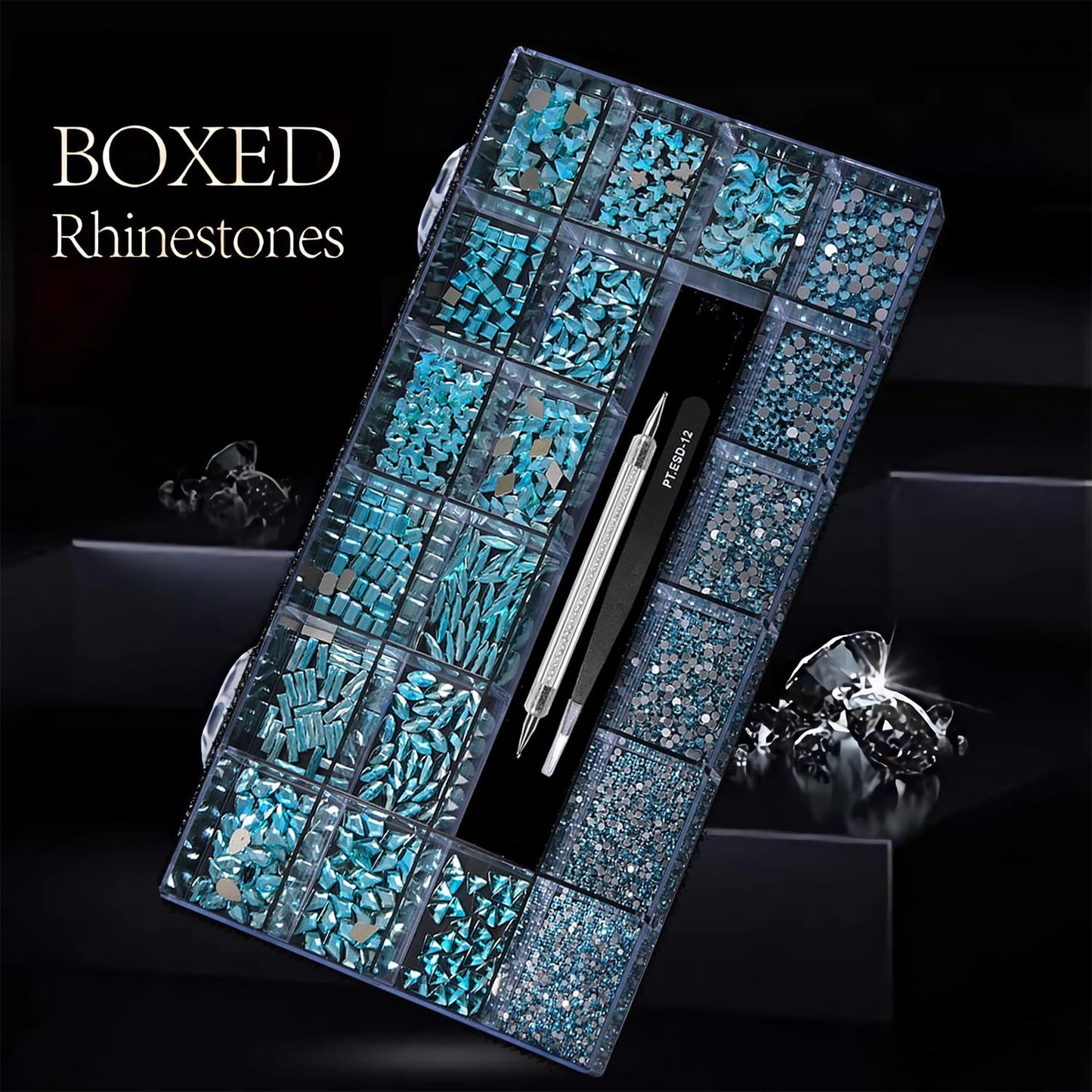 Yzzseven 14 Types of 700 Lake Blue Diamonds + 2100 Flat Rhinestones Mix 20 Styles Flatback DIY Crafts Rhinestone Crystals 3D Ornament‌s Flat Back Stones Set + Tweezers + Drill Pen