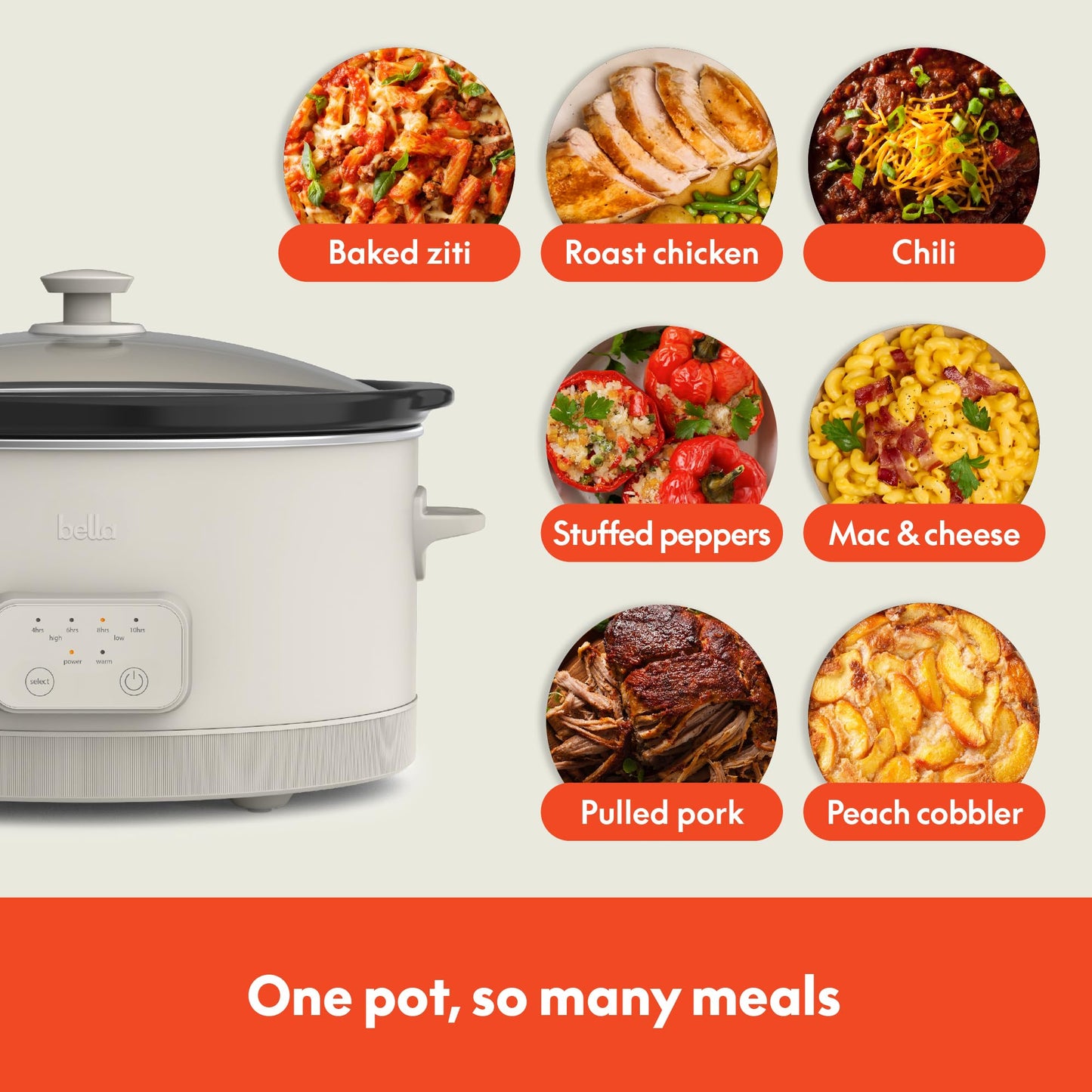 bella 6.0 Qt Programmable Slow Cooker, Ceramic Nonstick Coating, Adjustable Temperature & Cooking Times, Dishwasher Safe Stoneware Pot & Tempered Glass Lid, Tangle Free Cord Wrap, Oatmilk