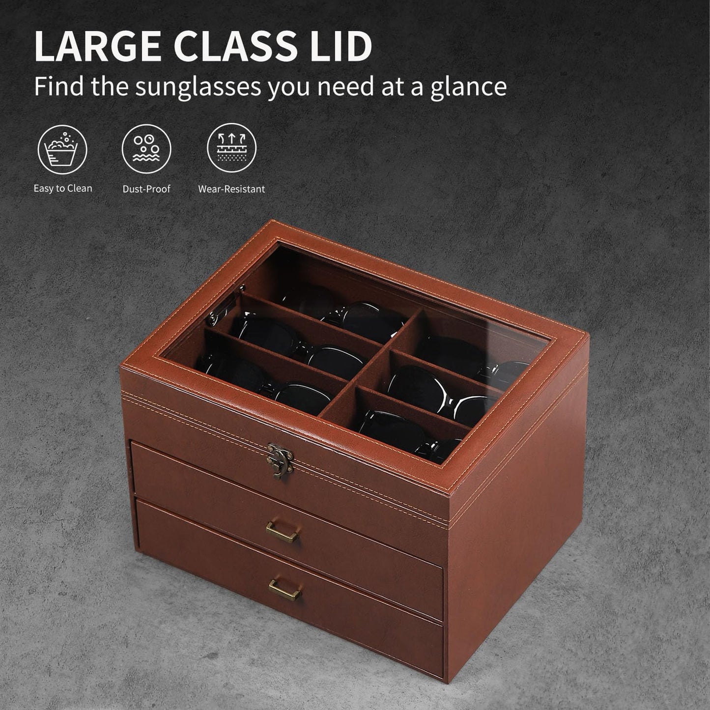 AUTOARK Leather & Velvet Clear Lid 24 Piece Eyeglasses Storage and Sunglass Glasses Display Drawer Lockable Case Organizer,Coffee,MKAW045