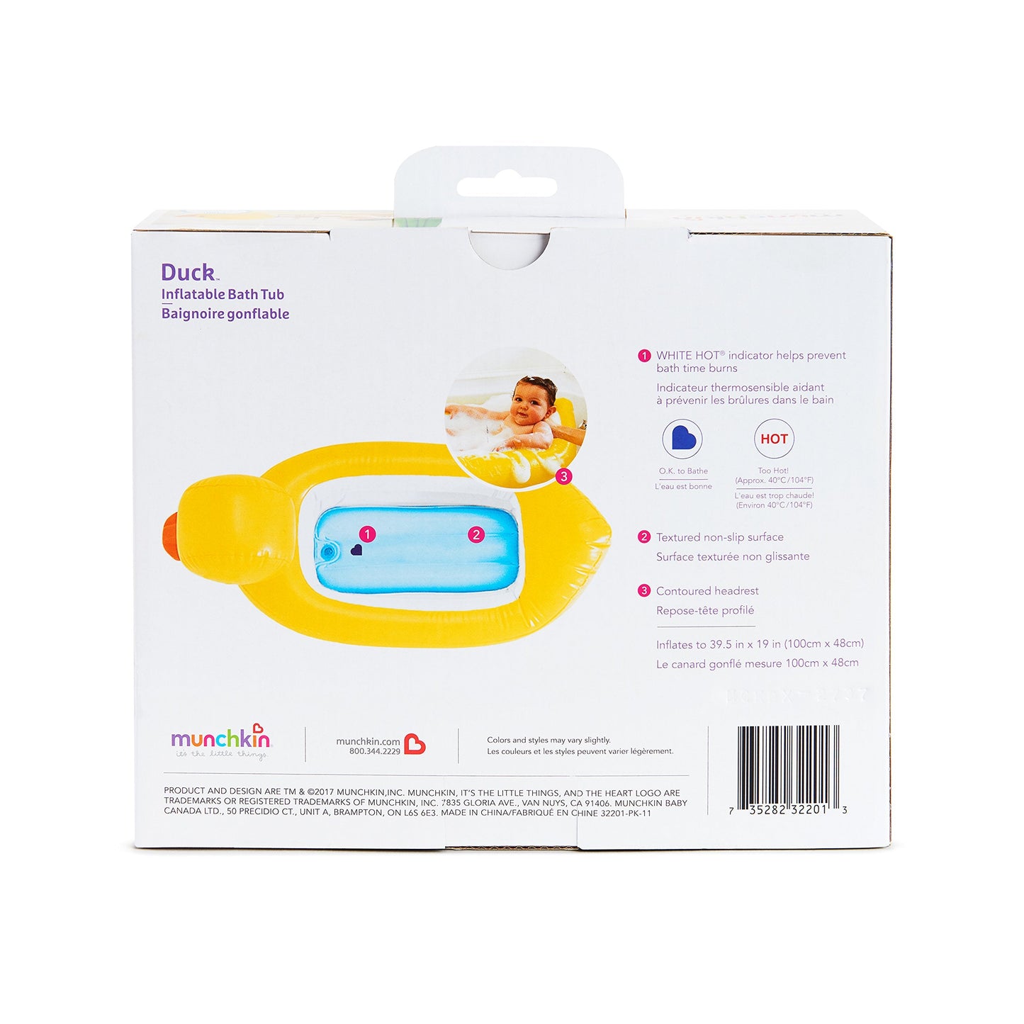 Munchkin Duck Inflatable Baby Bathtub for Babies 6-24 Months, White Hot Heat Alert, Great for Home or Travel, Classic Yellow Ducky