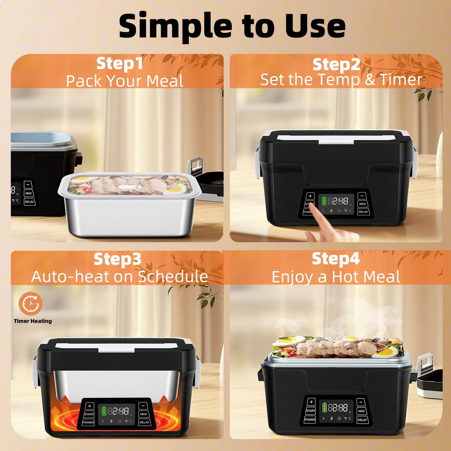 Vabaso Cordless Electric Lunch Box for Adults, App Control Heated Lunch Box with 27000mAh Detachable Battery, 1.2L Self Heating Lunchbox with Timer, Memory & Auto Keep Warm for Work Travel Outdoor