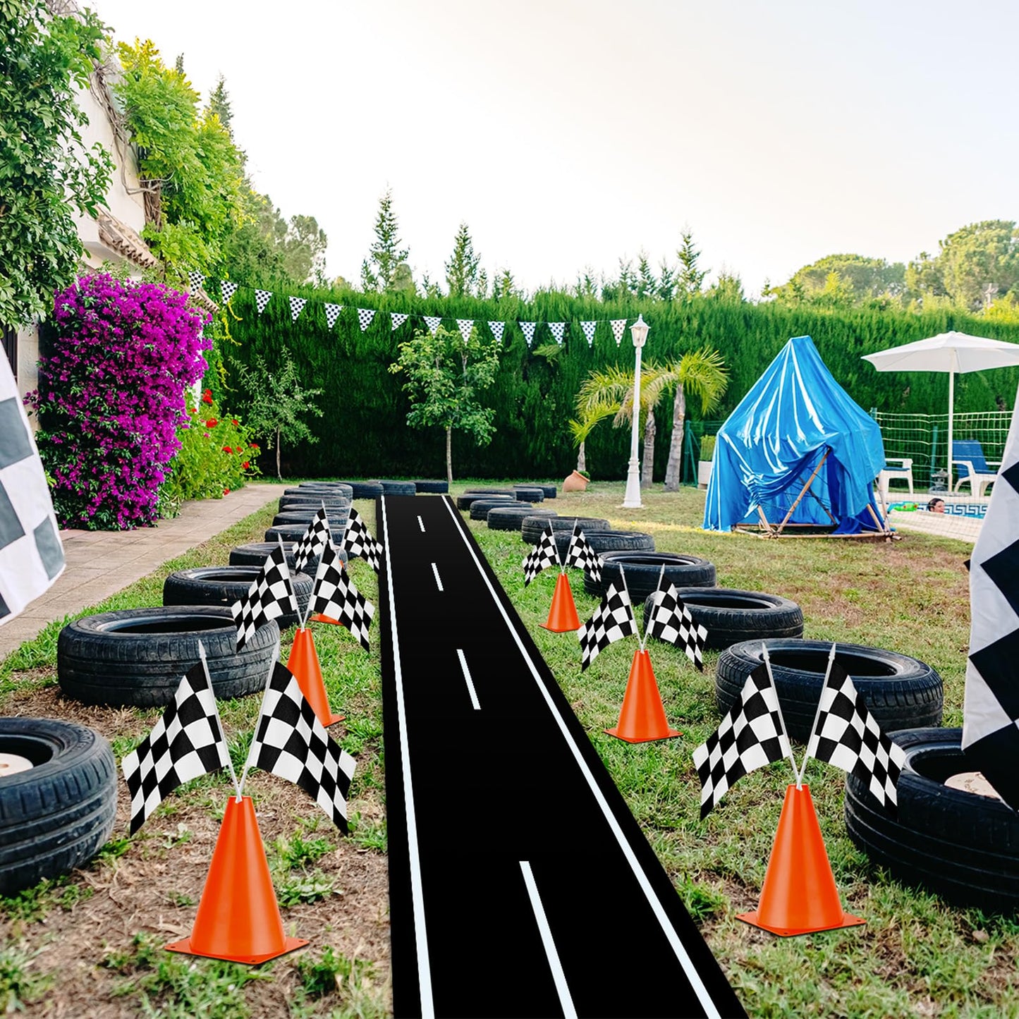 Remagr Racetrack Floor Running Black Racer Party Decoration Mat Road Table Runner Long Racetrack Tablecloth Drag for Party (Simple Style,118 ft X 2 ft)