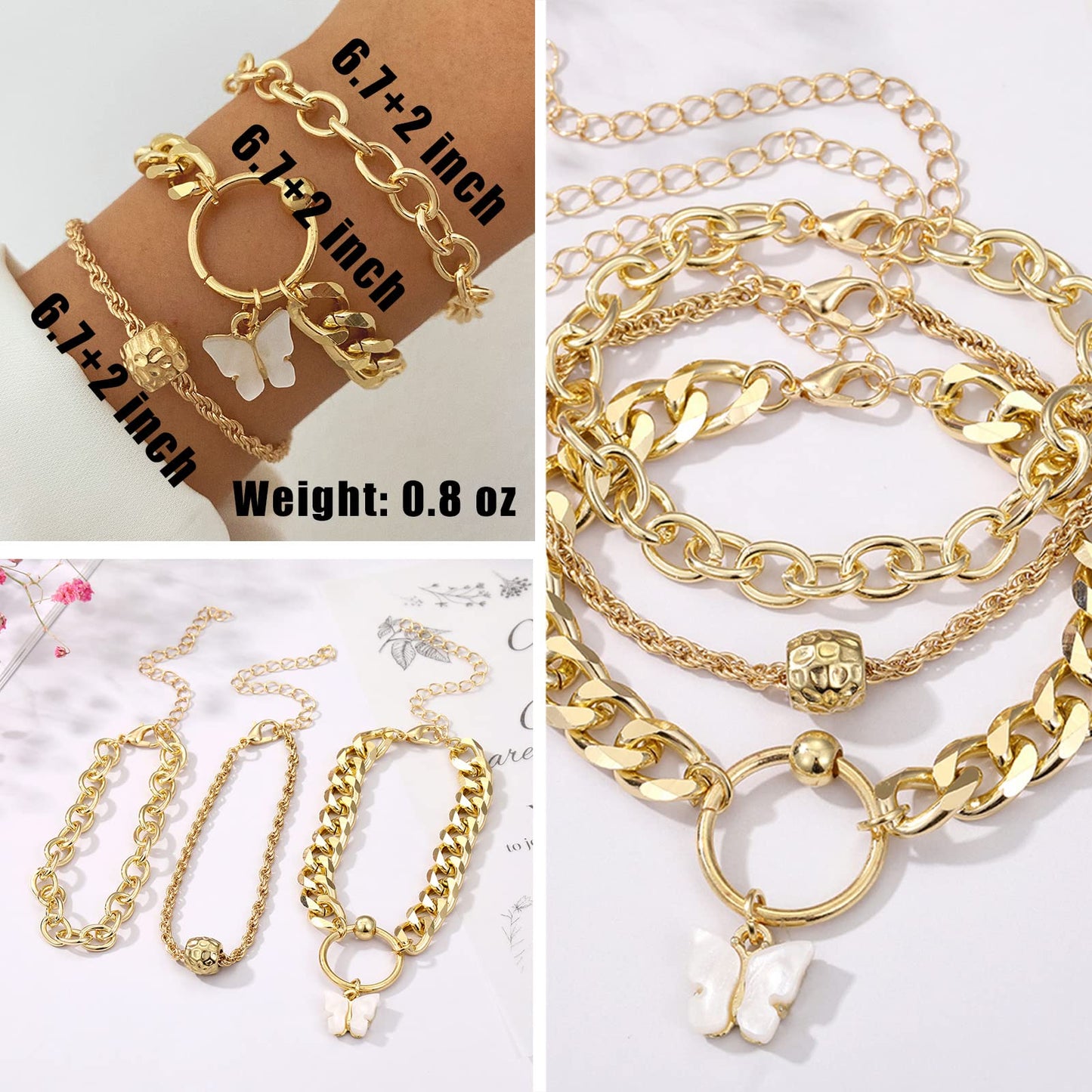 IFKM 6 PACK (22 PCS) Gold Chain Bracelets Set for Women, 14K Gold Plated Multiple Layered Stackable Open Cuff Wrap Bangle Bracelet Adjustable Link Italian Cuban Jewelry for Women Gift