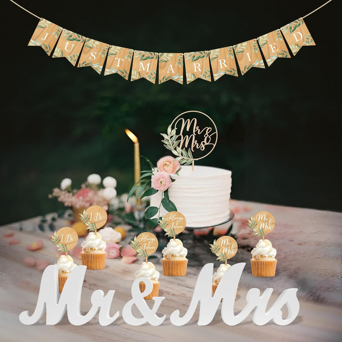 Mr & Mrs Cake Topper & Wedding Cupcake Toppers & Just Married Banner & Mr Mrs Table Sign Green Wedding Decorations in Wood