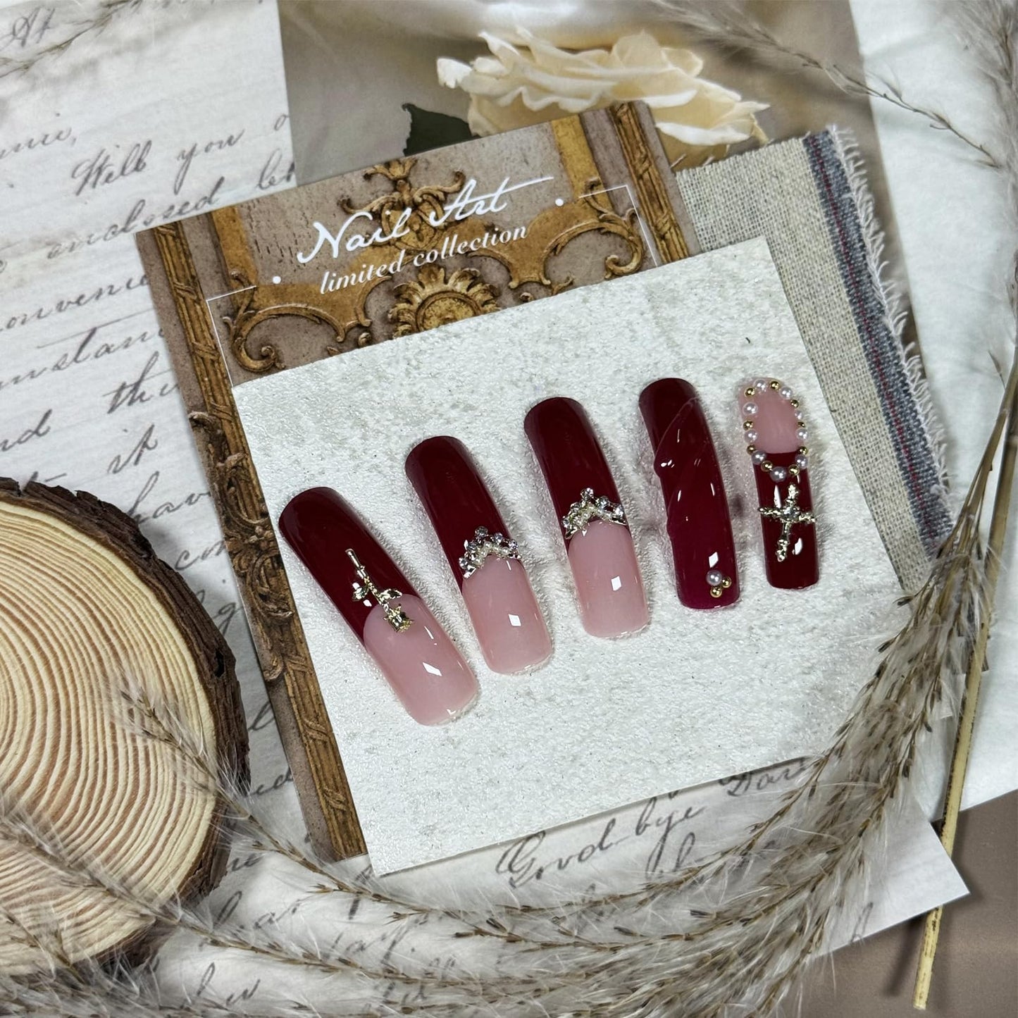 IMSOHOT Extra Long Press on Nails Curved Long Fake Nails Wine Red French Nail Tips, Golden Charms, Glossy, Acrylic False Nails Full Cover Handmade DIY Glue on Nails