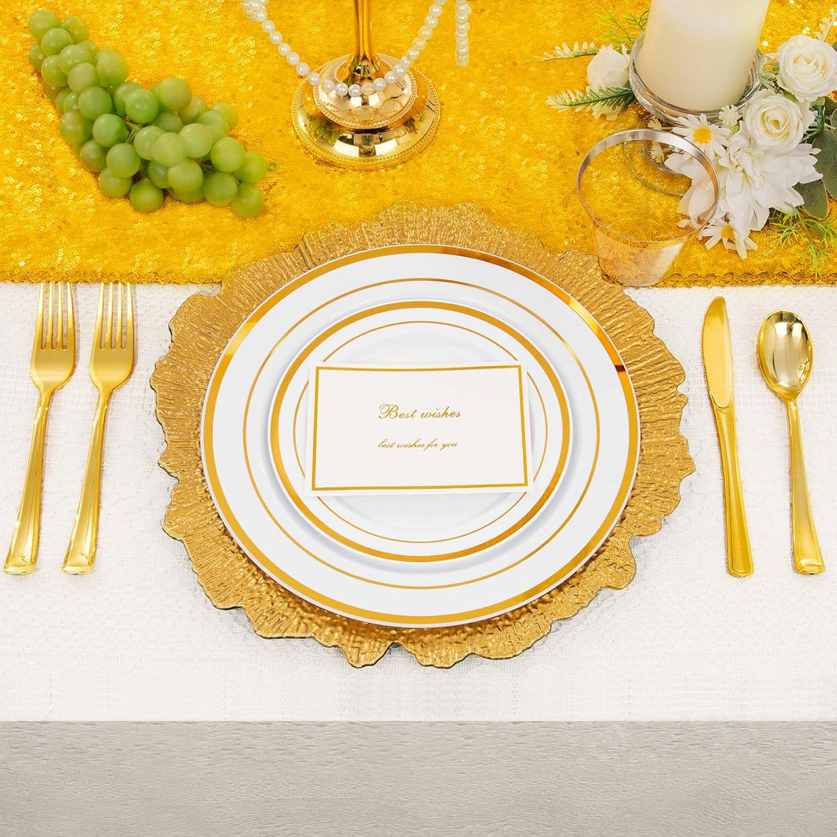 150 PCS Gold Disposable Dinnerware Set for 25 Guests, Gold and White Plastic Plates for Party, 25 Dinner & Salad Plates, 25 Cups, 25 Forks Knives Spoons for Wedding and Party Supplies