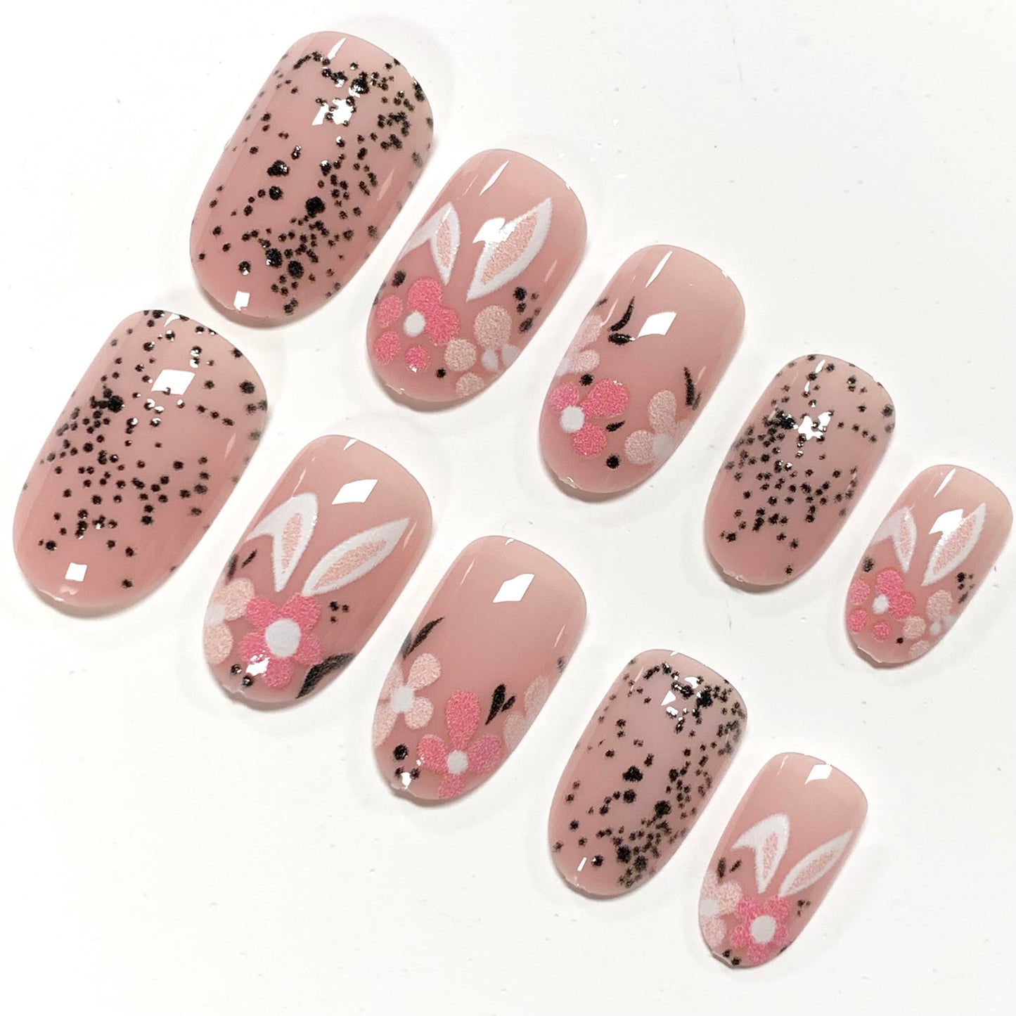 BABALAL Pink Press On Nails, Short Round Fake Nails, With Floral & Rabbit Anime Design, Easter Cute Glossy Full Cover Glue On Nails For Women And Girls 24Pcs