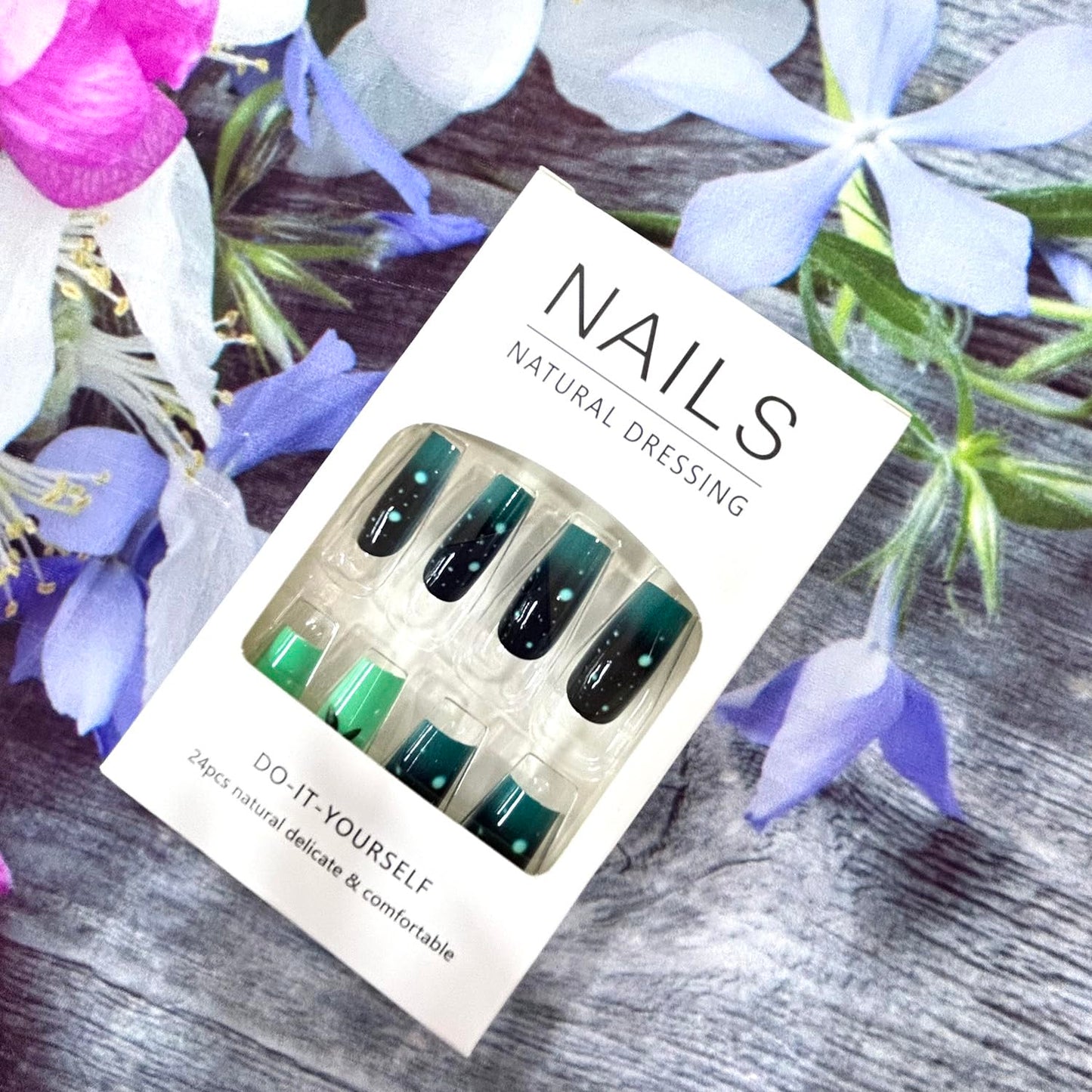 CJDLTS Dark Green Gradient Press on Nails Long Length Butterfly Pattern False Nails Glitter Artificial Acrylic Nails Full Cover French Stick on Nails Square Coffin Nails Glossy Glue on Nails for Women