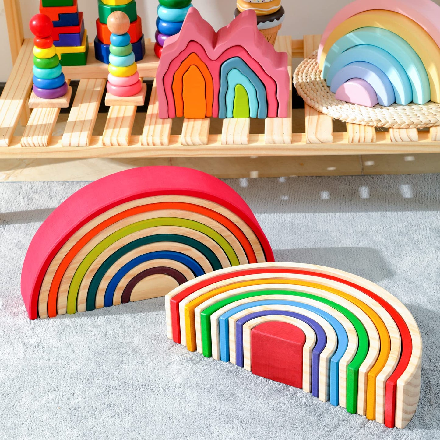 MERRYHEART Wooden Rainbow Stacking Toy - 12 Pieces Extra Large Montessori Wooden Stacking Arch Educational Toys, Nesting Puzzle Building Blocks for Kids Toddlers (Rainbow Stackers)