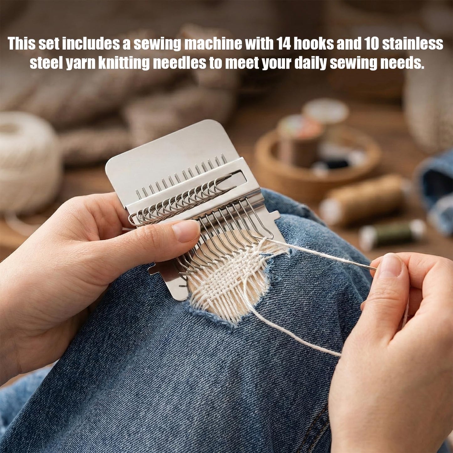 FdcZeyxior Knitting Loom Kit, Mini Darning Loom for Beginners, 14 Hooks Portable Weaving Tool Set for Jeans, Socks & Clothes Repair