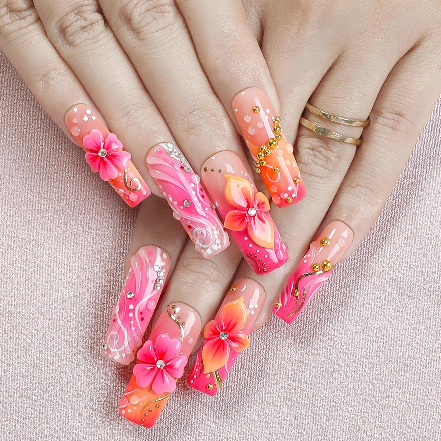Handmade 3D Floral Square Press On Nails, Pink Gradient Luxury Artisan Nails Set, Reusable Glossy Press-ons with Tool Kit (S)