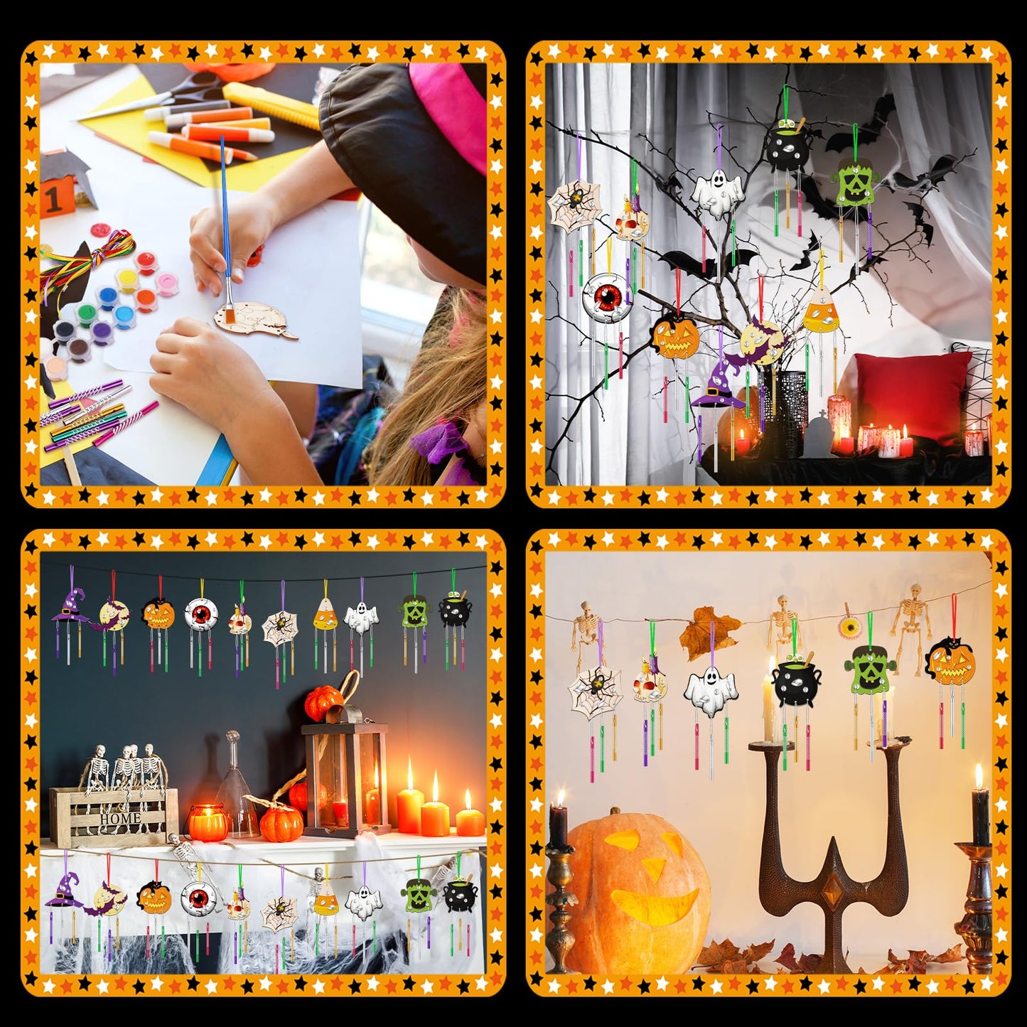 JellyArch 30 Pack Halloween Wind Chime Making Kit for Adults Make Your Own Halloween Wind Chime Ghost Pumpkin Bats DIY Crafts Wooden Ornaments for Activity Birthday Decoration