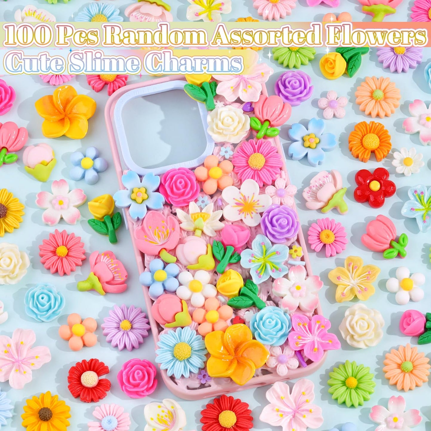 100PCS Flower Slime Charms Cute Flatback Resin Charms for Slime, Kawaii Random Decoden Charm for Embellishments Phone Junk Case Charms Bulk,Hairpins Scrapbooking Crafting DIY Decor