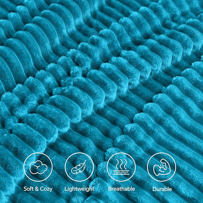 INFIIXSO Sherpa Fleece Queen Size Blanket - Super Soft & Warm Striped Fleece, Cozy Plush Fluffy Large Bed Blanket All Season Use (Teal, 90x90 Inches)