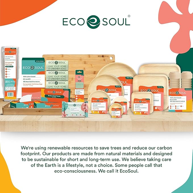 ECO SOUL 7&10 Inch Disposable Palm Leaf Bundle Plates [50 Pack] Premium Food-Safe Heavy Duty Compostable Bamboo Paper Plates for Lunch, Dinner, Weddings, Party, Camping & Catering Events [Square]