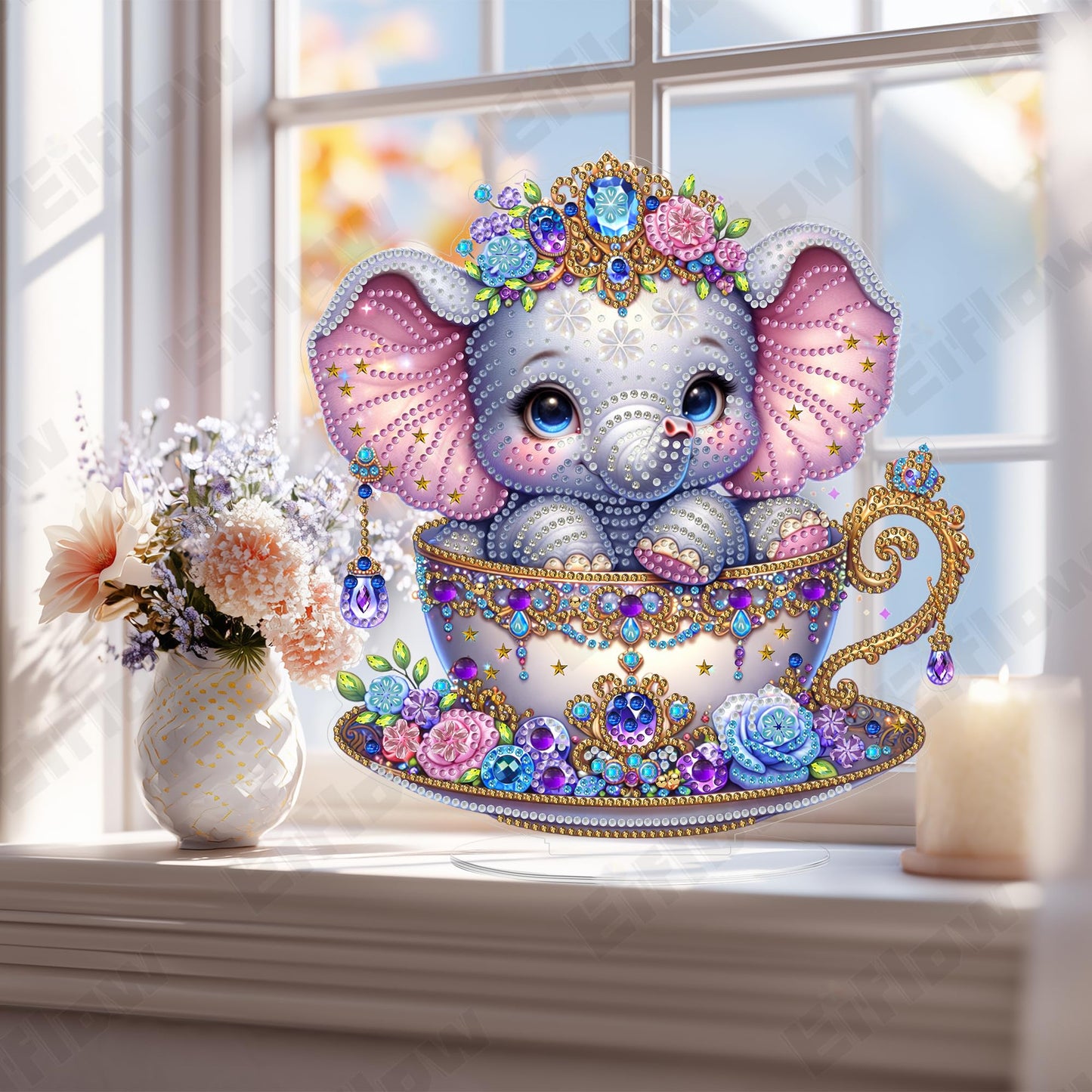 Eiflow Diamond Art Tabletop Kit for Adults, DIY Desktop Diamond Art Painting with Stand, Acrylic Stand Up Gem Painting Board Kit (Elephant)