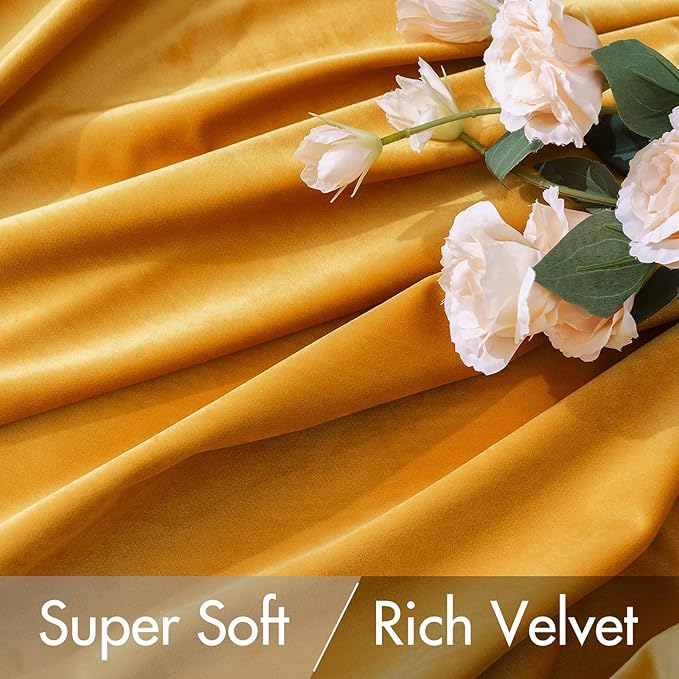 MIULEE Velvet Curtains 96 inches 2 Panels - Luxury Blackout Curtains for Bedroom Living Room Thermal Insulated Fall Decor Super Soft Window Drapes Rod Pocket & Back Tab, Mustard Yellow