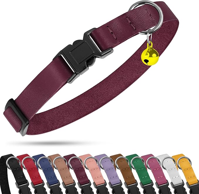 Breakaway Cat Collar with Bell - Leather Adjustable Kitten Collars with Safety Quick Release Buckle - Soft Small Pet Collars for Girl & Boy Cats (Green)