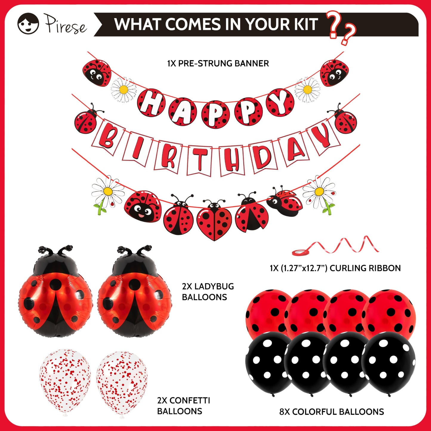 Pirese Ladybug Birthday Decorations, Ladybug Party Banner with Balloons, Pre-Strung Happy Birthday Decor Kit