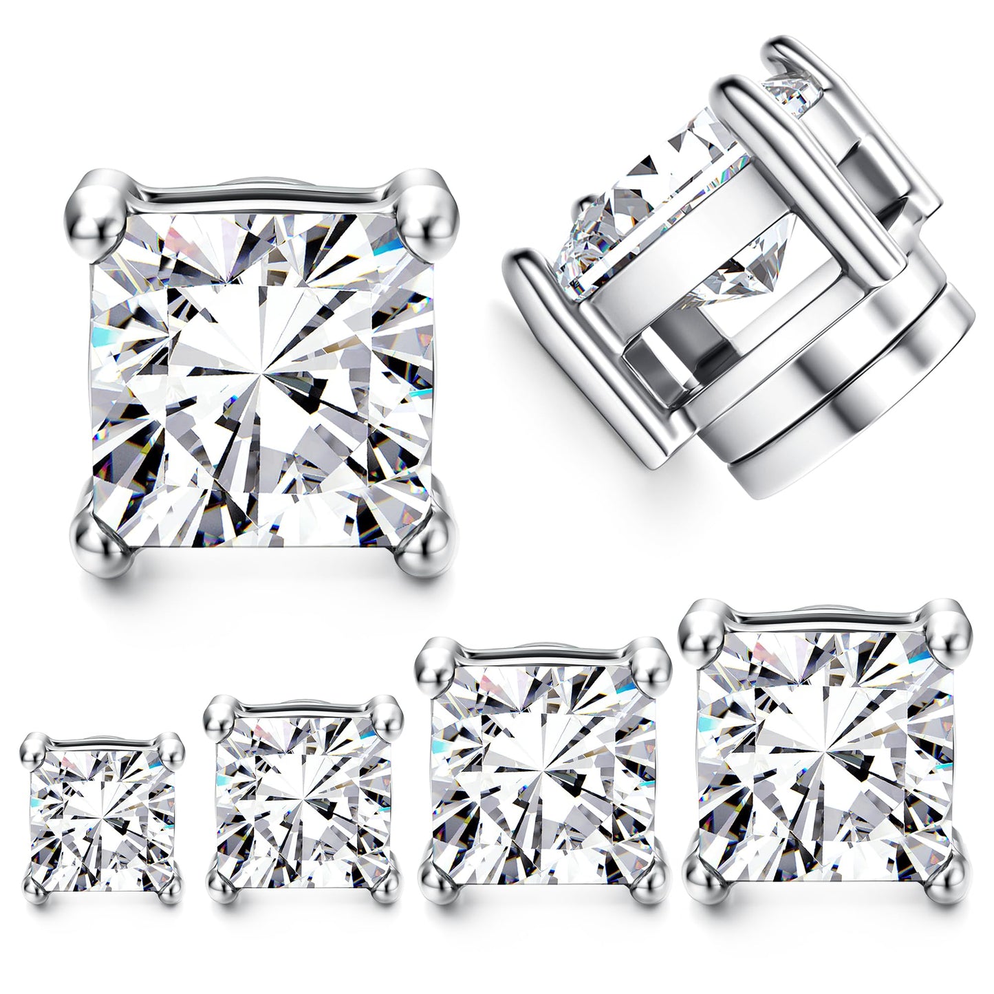 Jstyle 4-7MM Magnetic Earrings for Men Women Gold Square Cubic Zirconia Stud Earrings for Non-Pie