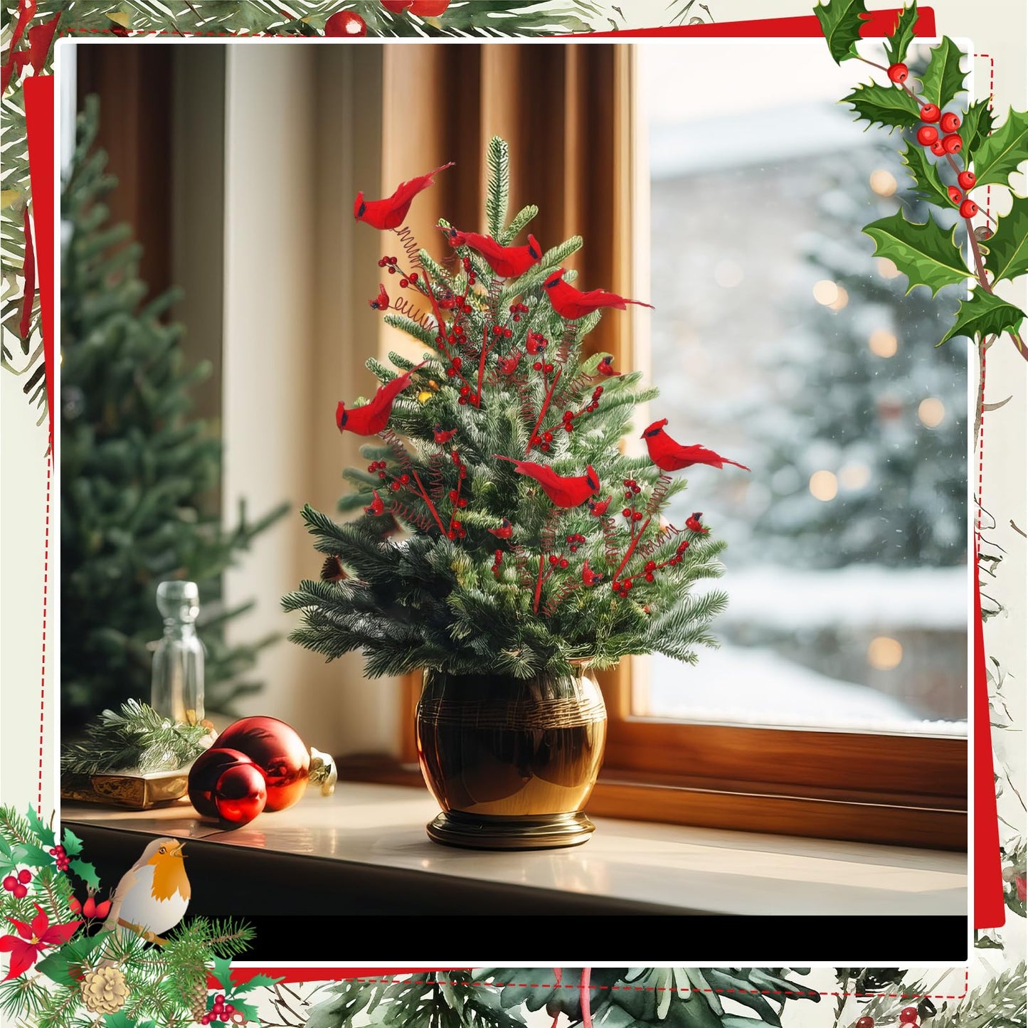 Thyle 6 Pack Cardinal Winter Tree Picks Cardinal Feathers Red Birds Decorating Stakes Artificial Red Berry Stems Holly Berry Branches for Tree Decorations DIY Crafts