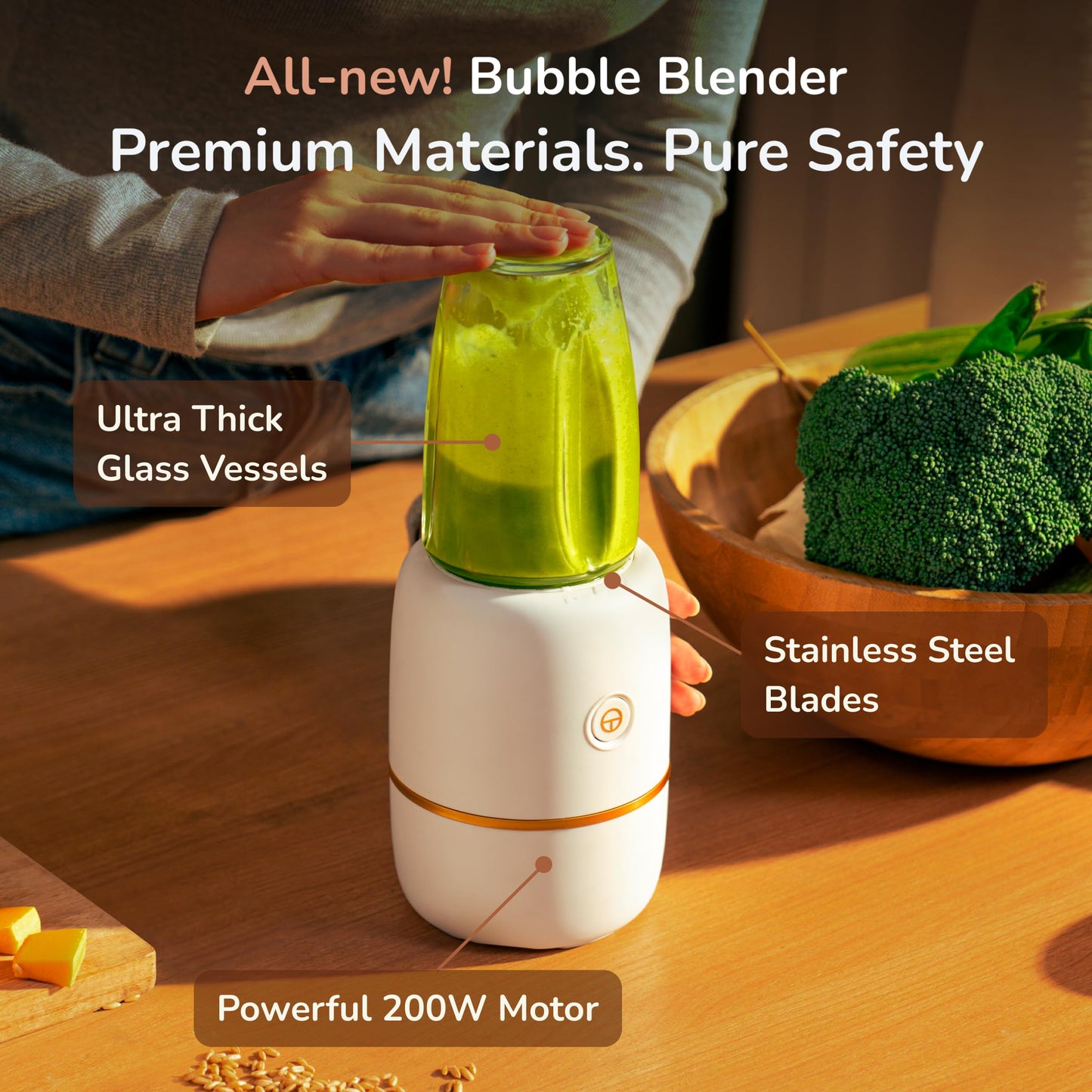 Kwiplee Bubble Blender, Baby Food Maker & Puree Blender with 2 Borosilicate Glass Cups, Compact Baby Bullet for Smoothies, Hands-Free One-Touch, 200W Motor, Cream