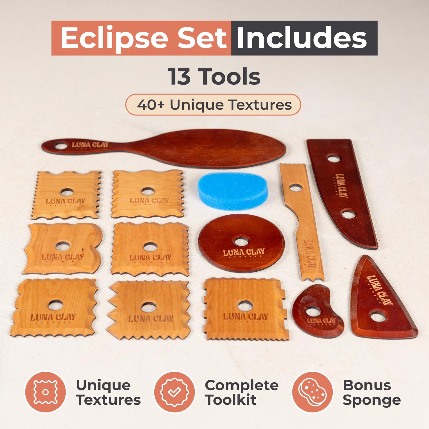Pottery Ribs Tool Set | 13 Pack - Ceramic Tools for Pottery, Kiln-Dried Cherry Wood (None-Warping), Pottery Wheel Tools for Trimming, Comfortable Hold, Home or Studio Use, Sponge Included