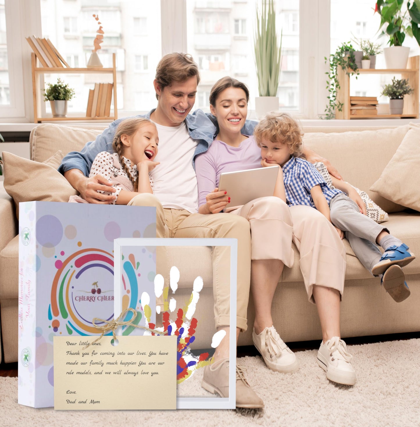 CHERRY CHEERS Family Handprint Kit, DIY Craft Keepsake Wooden Frame, Endless Gift Set, Non-Toxic Paints, Transparent Sheets (White)