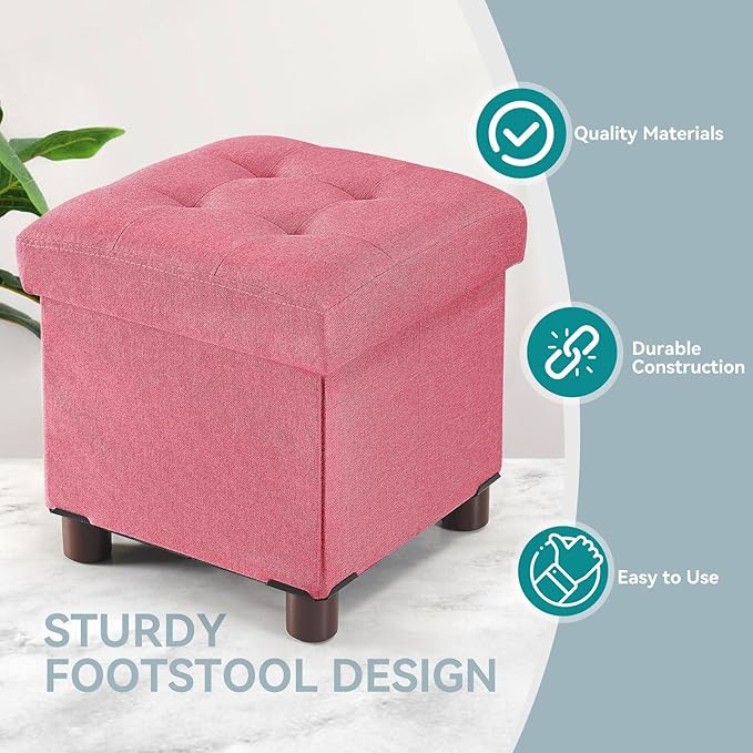BRIAN & DANY Small Ottoman with Storage, Small Storage Ottoman, Folding Foot Stool with Wood Legs for Living Room and Bedroom Linen Rest Seat, 12.6"x12.6"x12.8" - Hot Pink