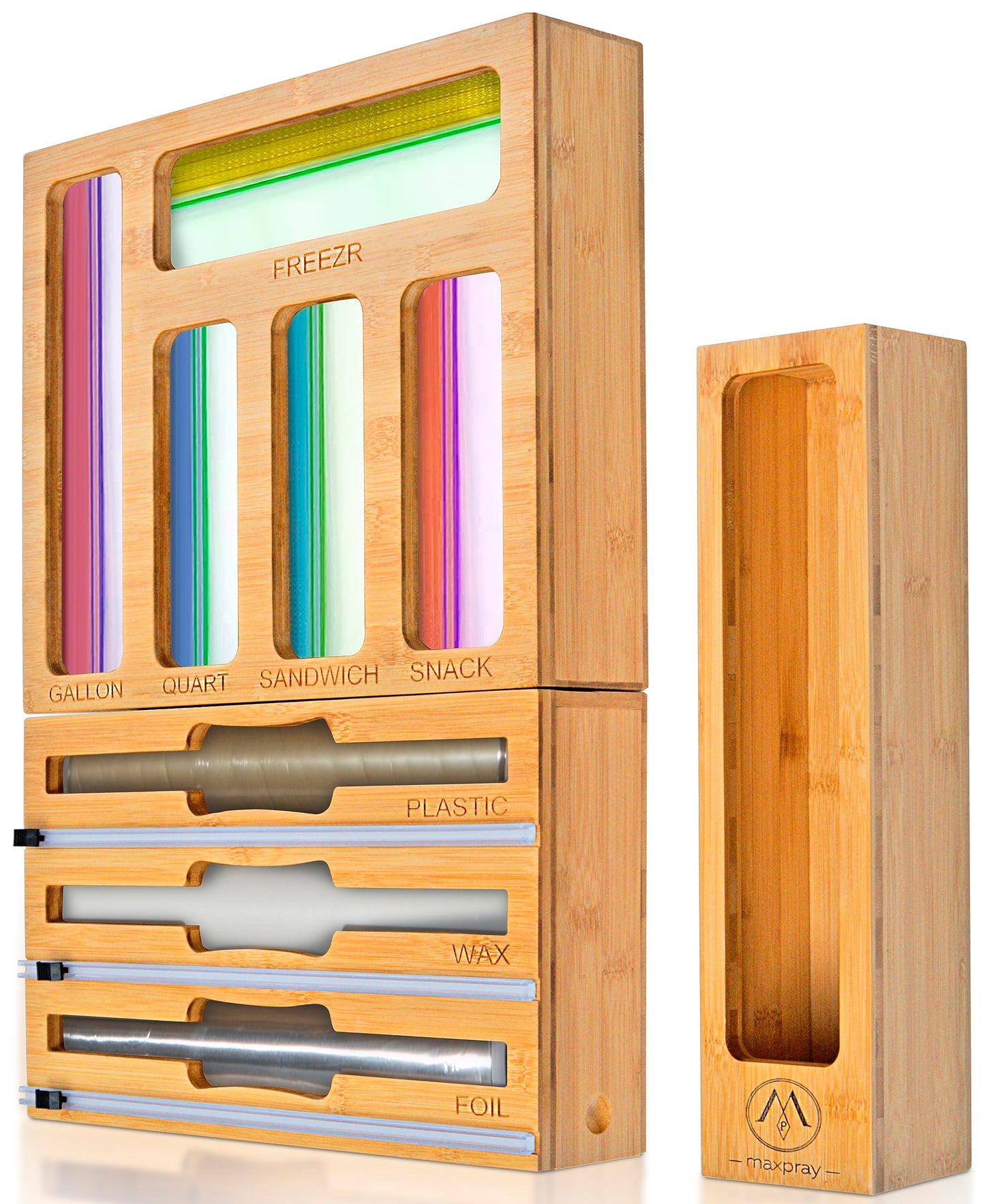 9 IN 1 Bamboo Foil and Plastic Wrap Organizer for Kitchen Drawer, Plastic Bag Organizer Organization and Storage, Food Storage Bag Organizer with Labels for Quart Gallon Snack Sandwich