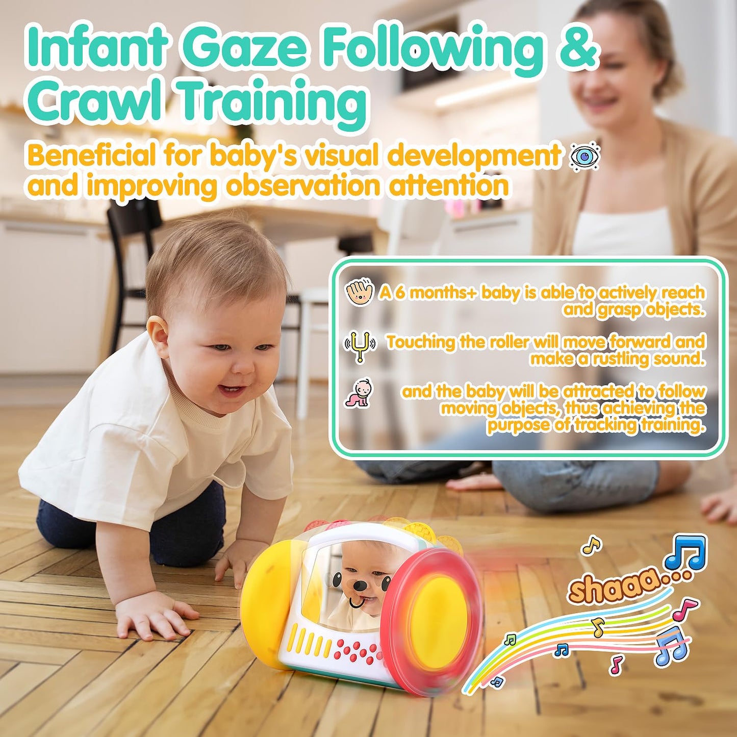 PLAY Tummy Time Toys Rolling Baby Mirror Activity Toy for Newborn 0 3 6 9 12 Months with Teethers Infant Mirror Crawling Montessori Toys for Brain Development Visual Stimulation, Double-Sided