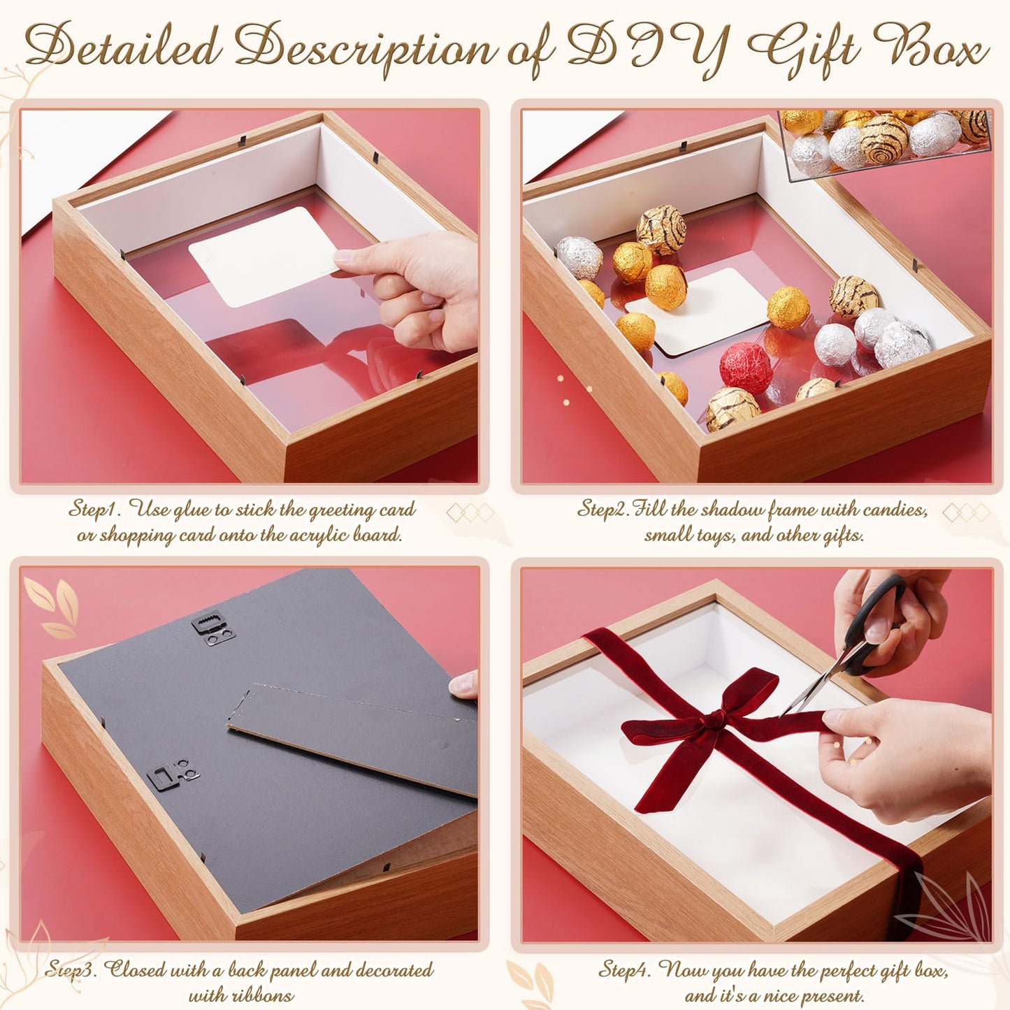 BrightRow 8"x10" Wedding Shadow Box Frame Flower Display Case Kit, DIY Wood Color Picture Gift Box with Lid Deep Glass Case Red Velvet Ribbon for Gift Wrapping Craft Bouquet Flower Keepsake Memory