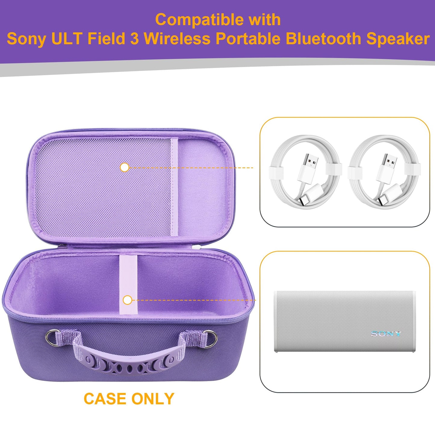 RAIALL Hard Travel Case for Sony ULT Field 3 Wireless Portable Bluetooth Speaker, Sony ULT Field 3 Protective Carrying Storage Bag, Purple+Shoulder Strap