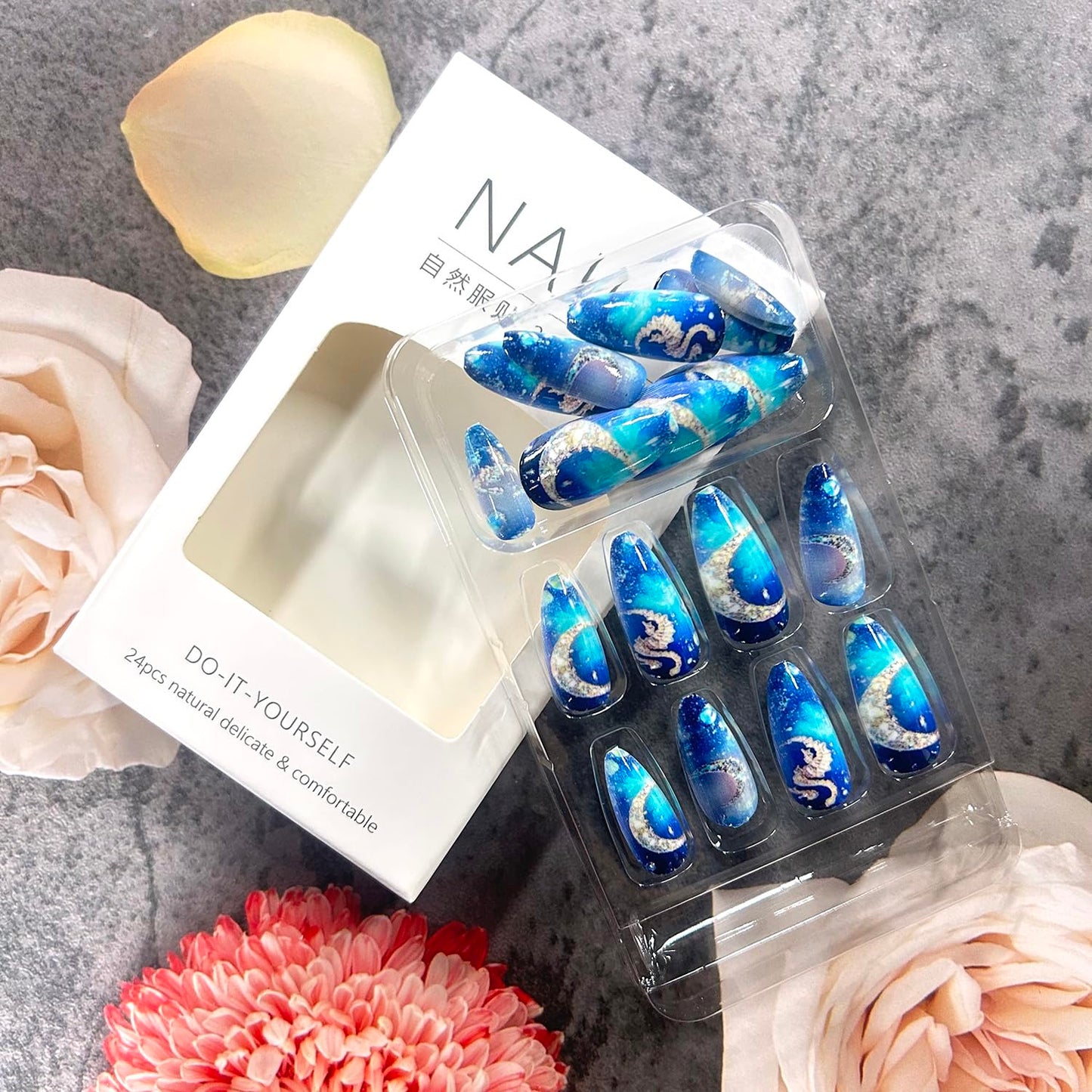 Dark Blue Starry Sky Press on Nails Almond Meduim Moon Planet Pattern Design Full Cover Glossy Acrylic Fake Nail Press Ons Artificial Handmade False Nail Reusable Glue on Nails for Women 24Pcs