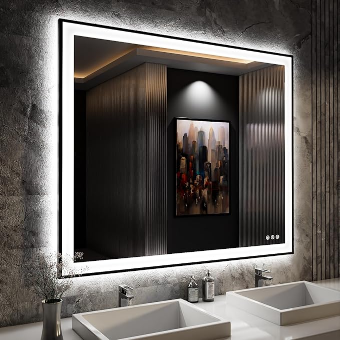 ISKM Framed LED Mirror for Bathroom 48"x40", Dimmable LED Bathroom Mirror with Lights, Anti-Fog, Front and Backlit Lighted Mirror 3-Colors, Shatterproof, Memory Function